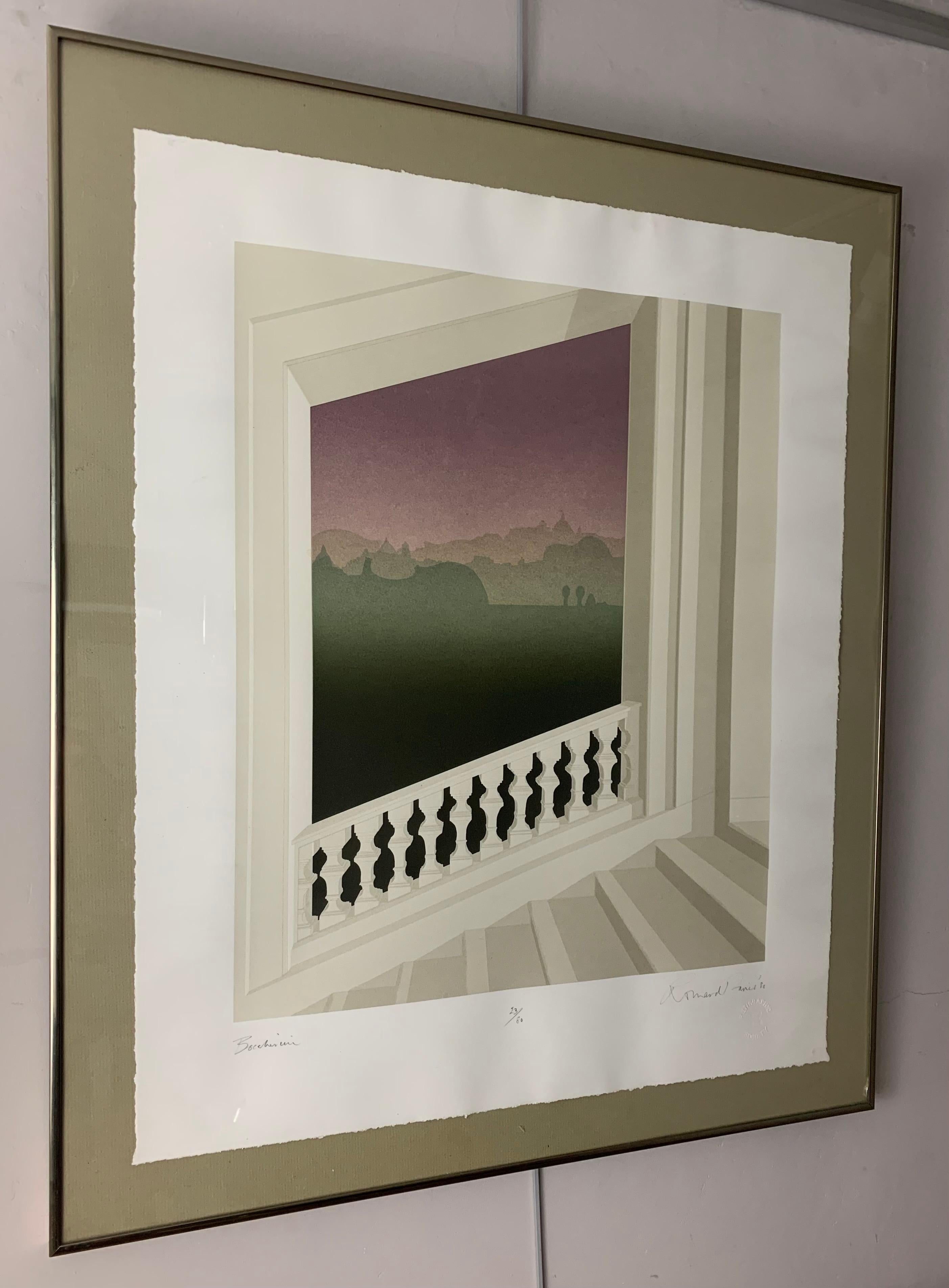 'Boccerini' signed limited edition print by architectural artist Richard Davies.

Published 1980. Edition 23 out of 80. Mounted on an olive coloured mount with a gold metal chromed frame.

Dimensions: Frame: H: 82cm W: 70cm D: 2cm Paper: W: 60cm