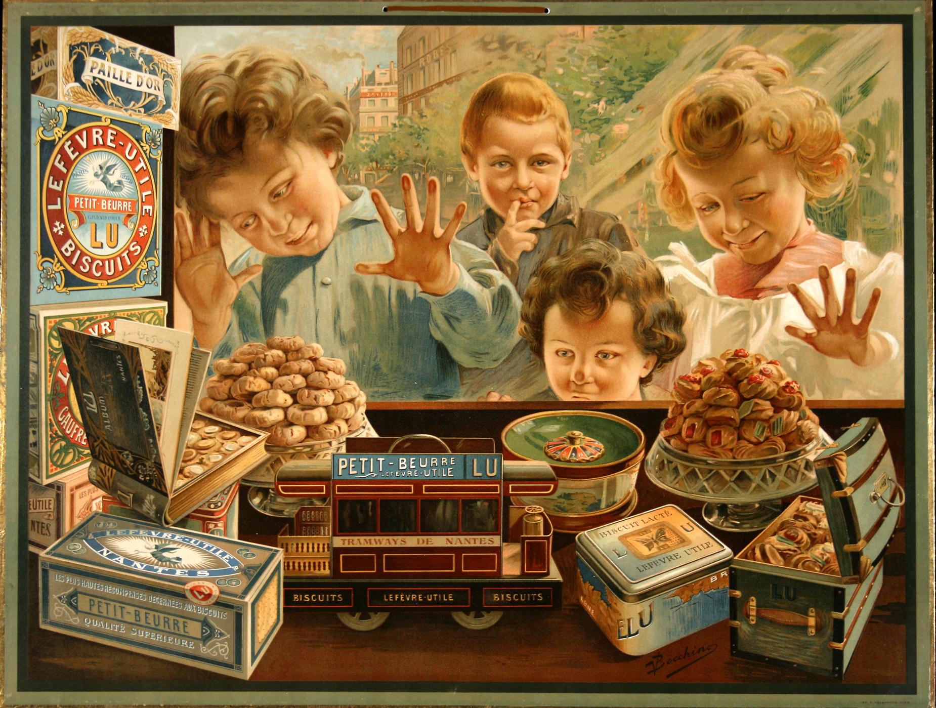 This image was created in 1911 by the artist Bocchino to promote the various biscuits produced by the Lefevre-Utile Company of France. In the image, we see the variety of biscuits being admired by children. This image is especially attractive
