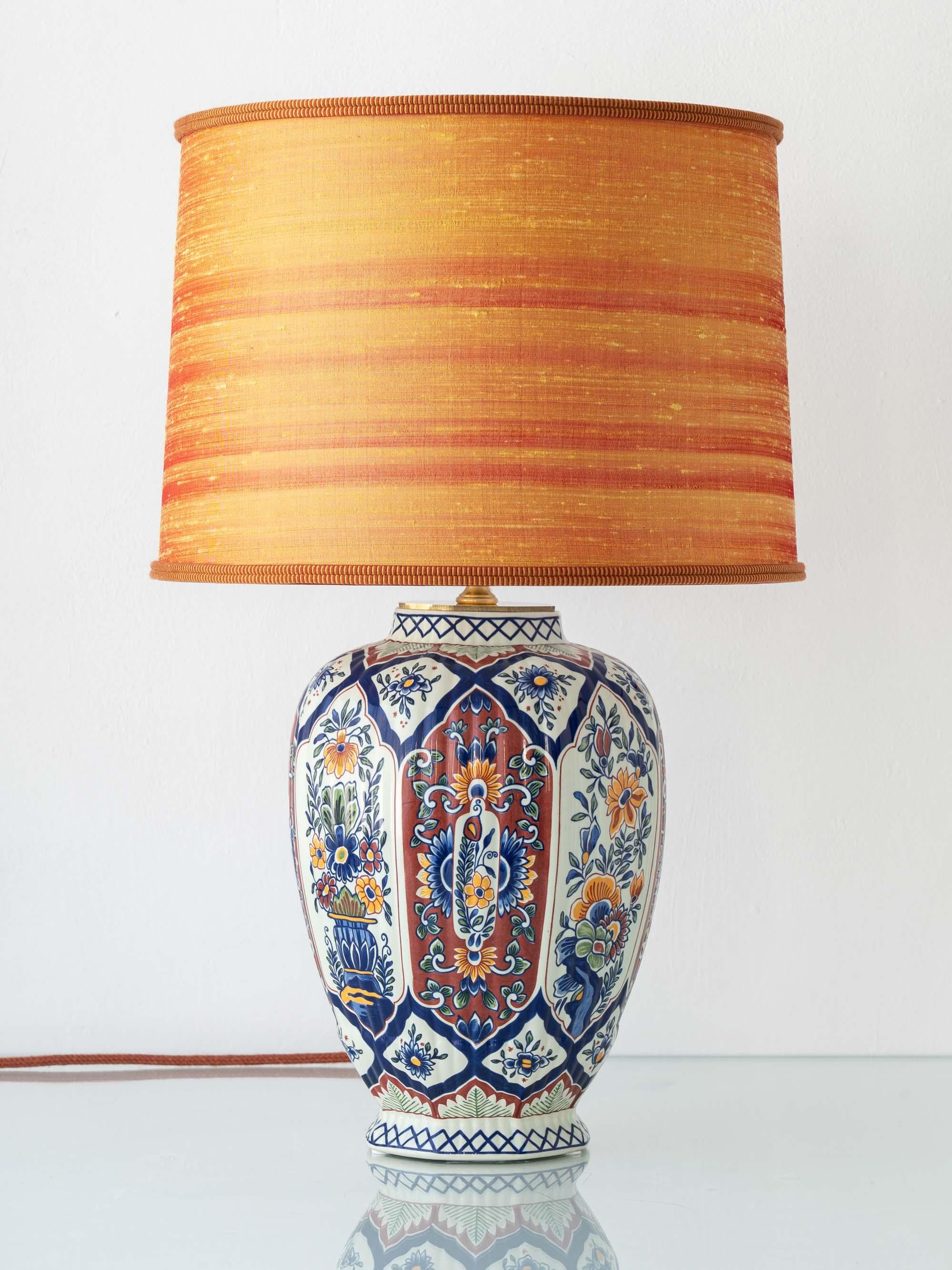 Meticulously hand-crafted by Amitābha Studio from a vintage mid-century Boch Belgium (Brugge Boch “Handworked”) Delft-style polychrome faience vase, paired with a bespoke dupion-silk lampshade finished with Houlès Paris double-cord trim.