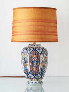 Boch Belgium Delft-Style Polychrome Faience Table Lamp, New Dupion-Silk Shade