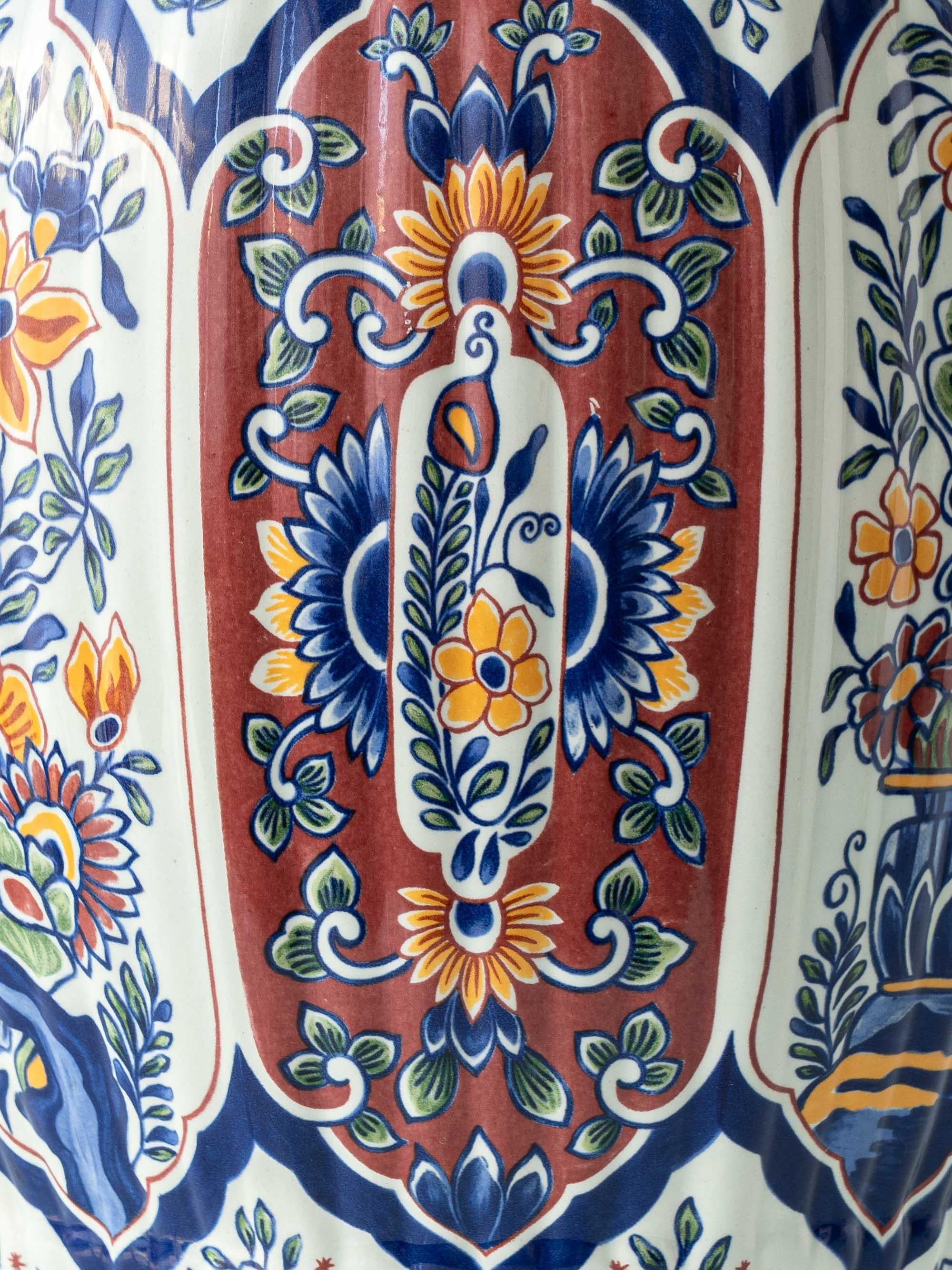 Dutch Boch Belgium Delft-Style Polychrome Faience Table Lamp, New Dupion-Silk Shade For Sale