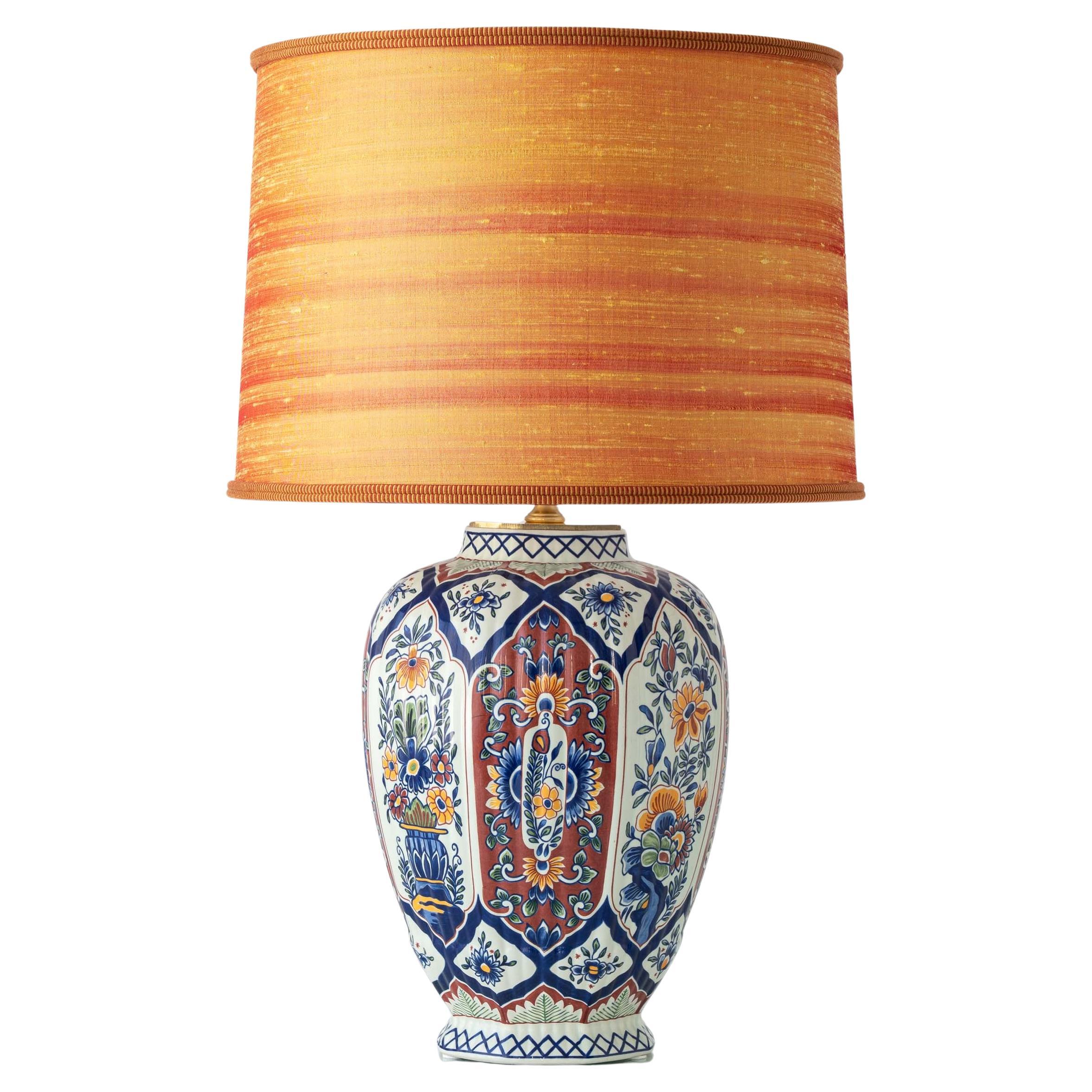Boch Belgium Delft-Style Polychrome Faience Table Lamp, New Dupion-Silk Shade For Sale
