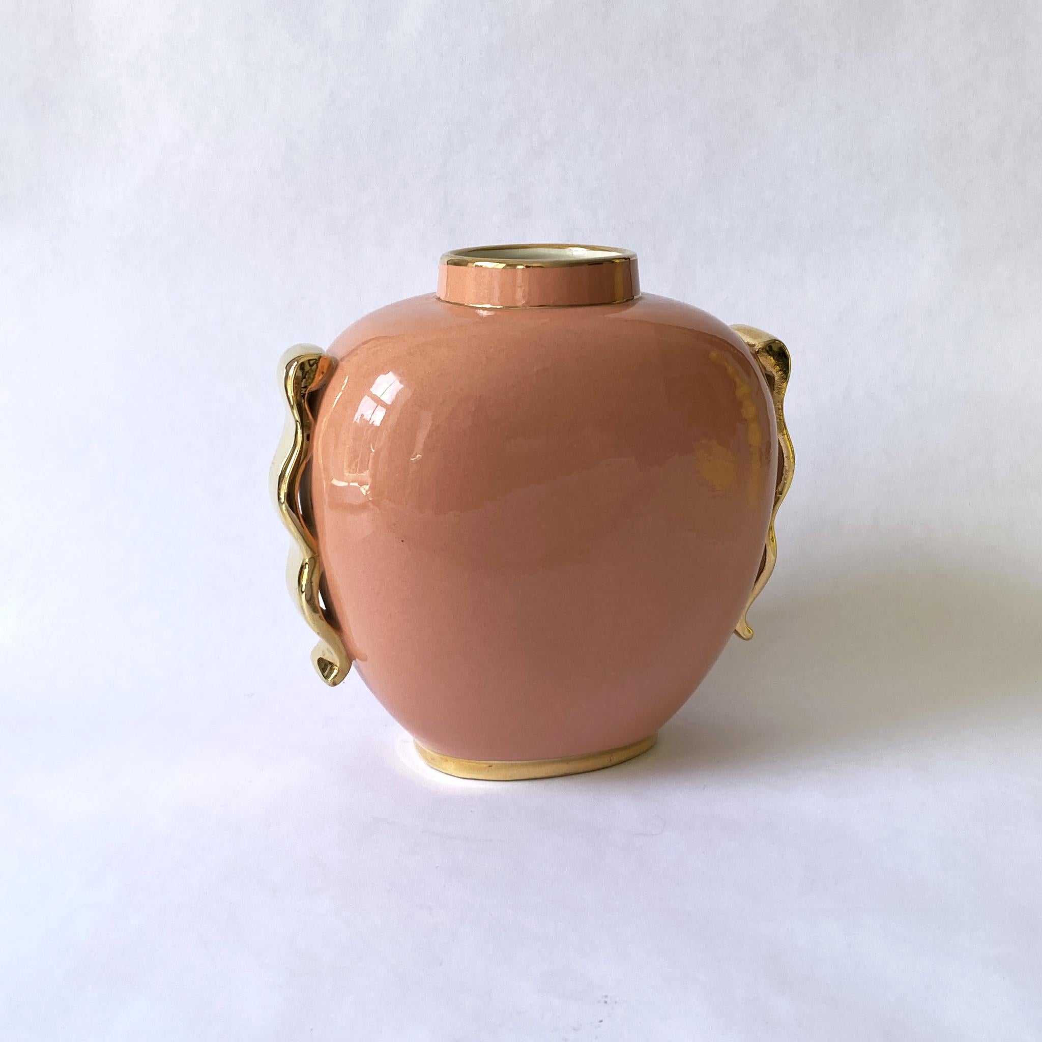 Belgian Boch Frères by Raymond Chevallier, Art Deco Vase, Peach and Gold, 1940s