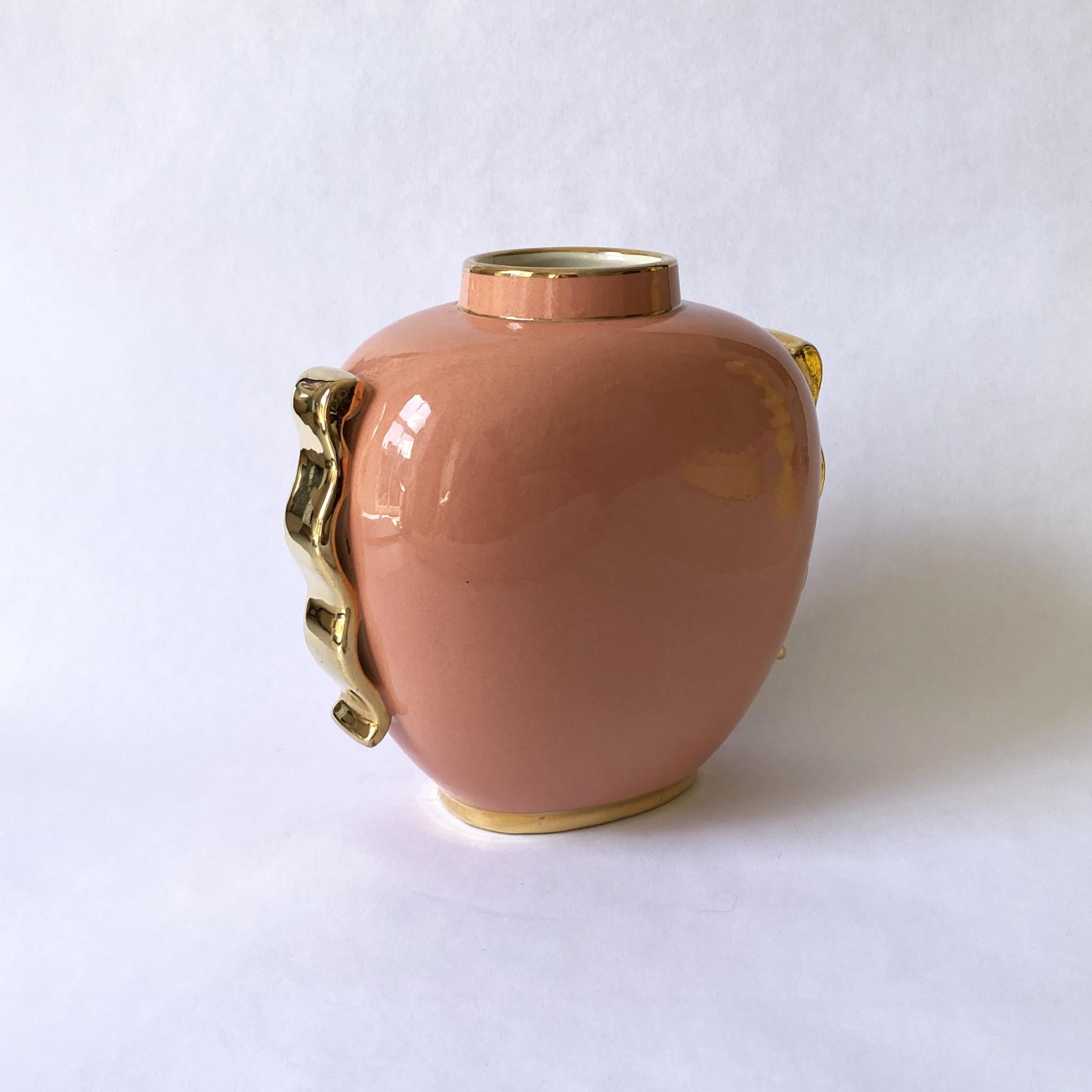 Glazed Boch Frères by Raymond Chevallier, Art Deco Vase, Peach and Gold, 1940s