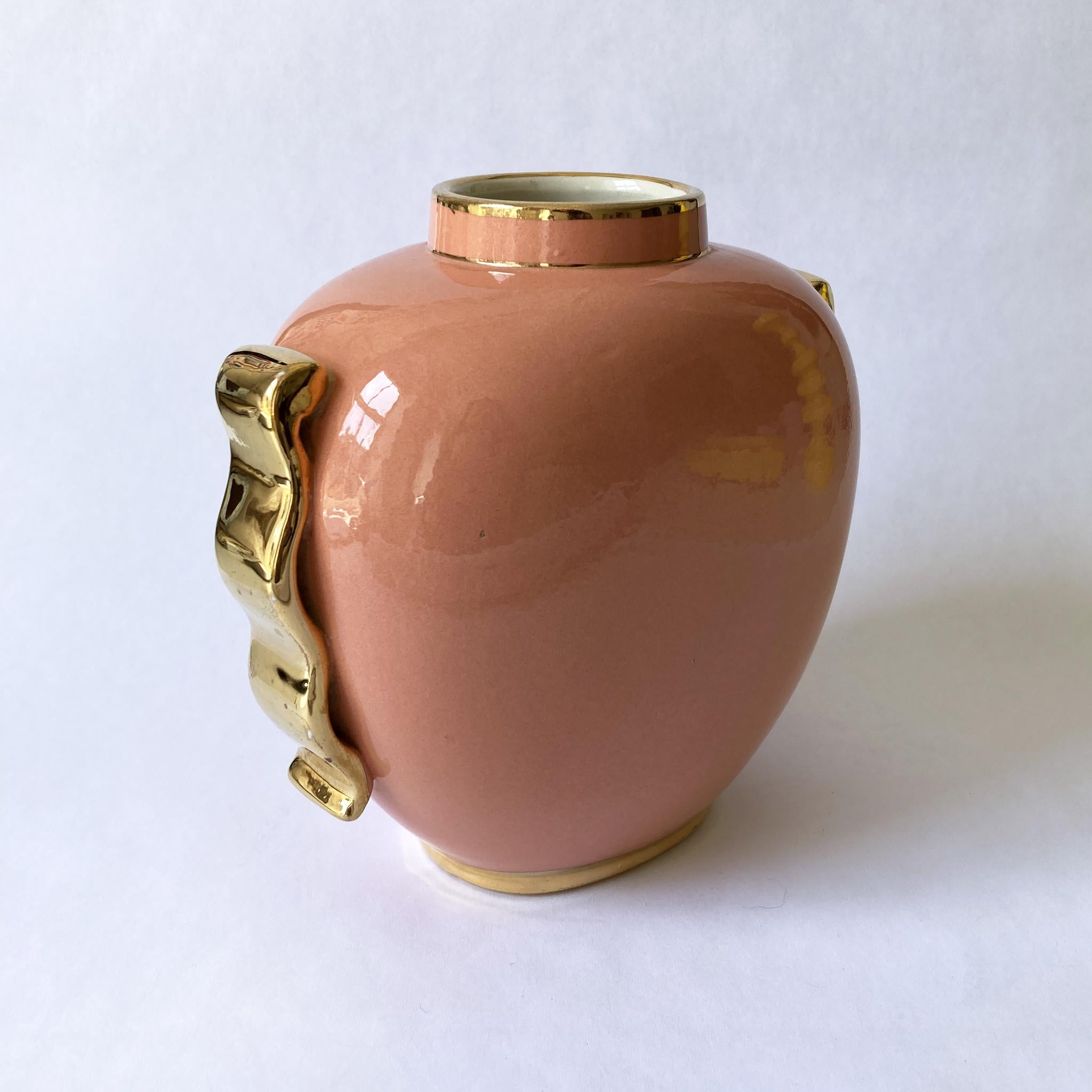 Boch Frères by Raymond Chevallier, Art Deco Vase, Peach and Gold, 1940s In Good Condition In New York, NY
