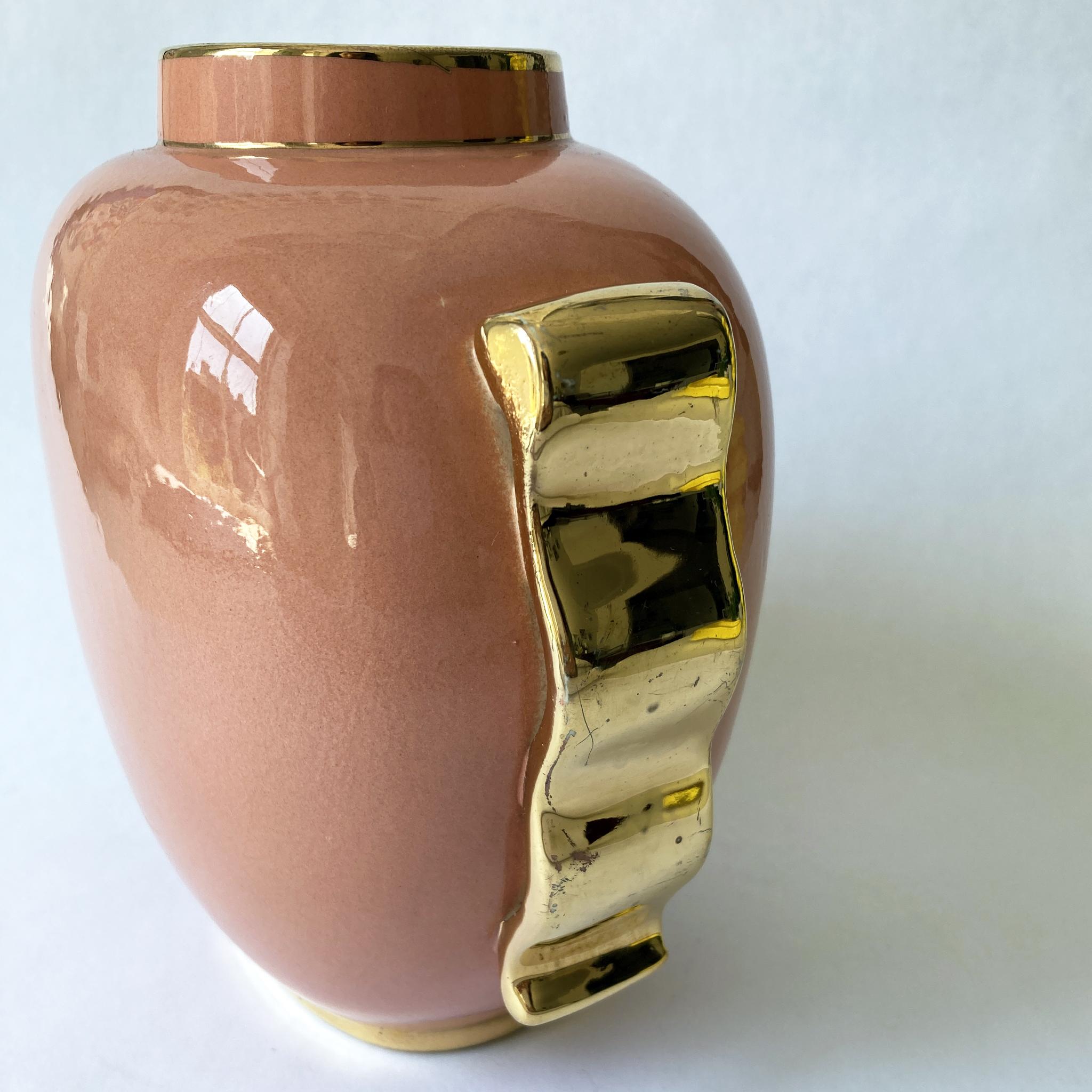 Ceramic Boch Frères by Raymond Chevallier, Art Deco Vase, Peach and Gold, 1940s