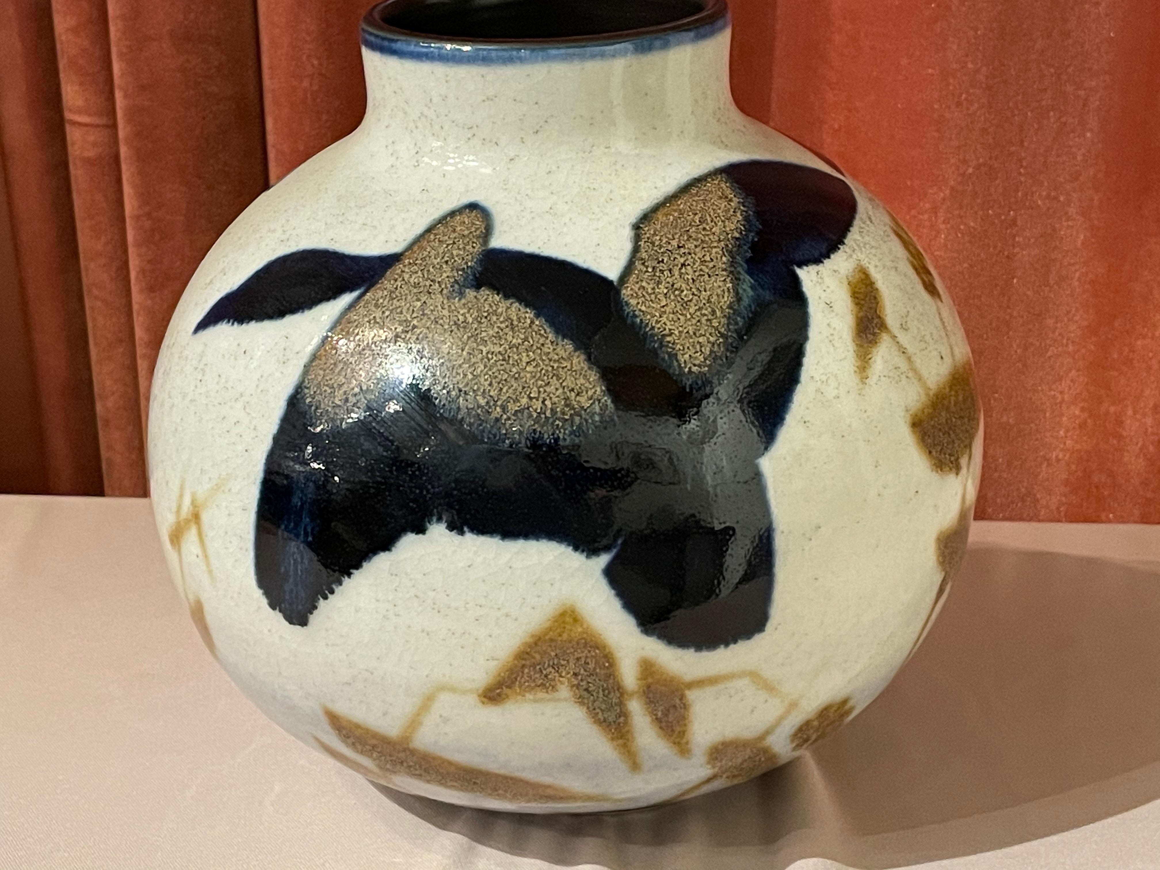 Art Deco Gres Keramis stoneware vase designed by Charles Catteau for Boch Freres of Belgium circa 1925. These animal designs (this being two versions of a goose, maybe Canadian) are the most sought after and most collectible of all the Catteau