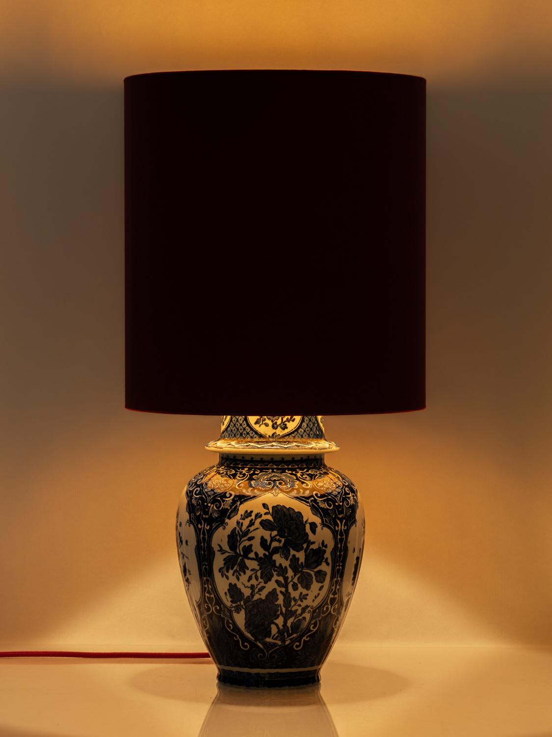 Boch Frères Delft Blue Table Lamps, 1969-1979, with New Red Velvet Shades, Pair For Sale 3