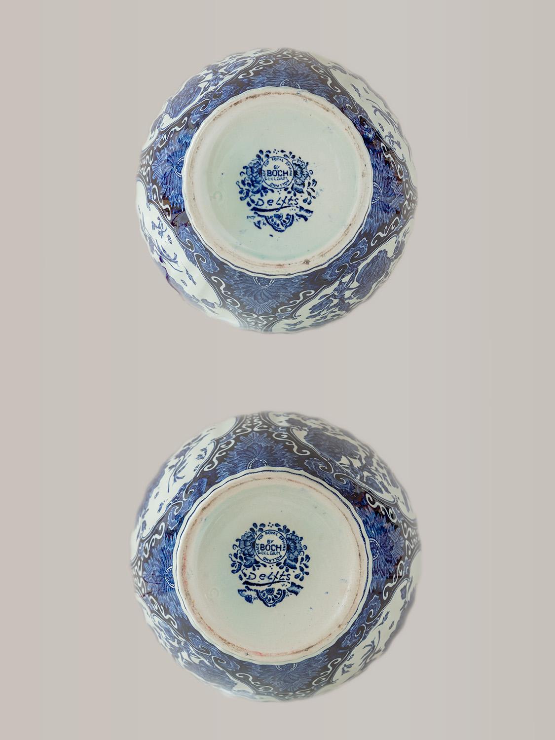 Boch Frères Delft Blue Table Lamps, 1969-1979, with New Red Velvet Shades, Pair For Sale 5