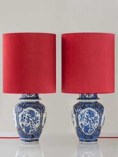 Delft Blue Ceramic Table Lamps, Red Velvet Shades, Pair, 1970s