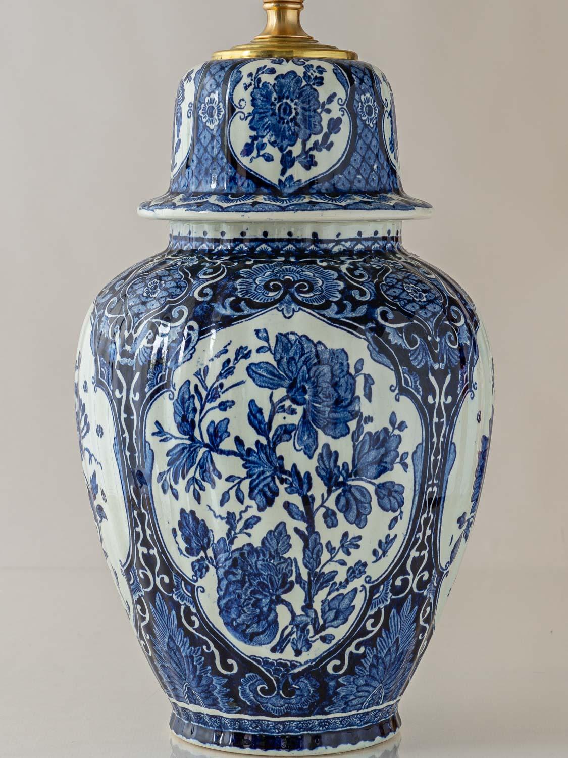 Hand-Crafted Boch Frères Delft Blue Table Lamps, 1969-1979, with New Red Velvet Shades, Pair For Sale