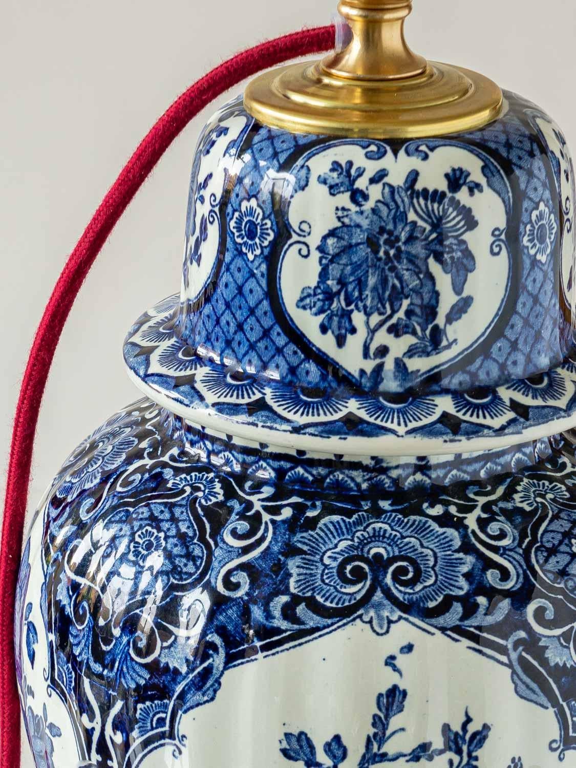 Boch Frères Delft Blue Table Lamps, 1969-1979, with New Red Velvet Shades, Pair For Sale 1