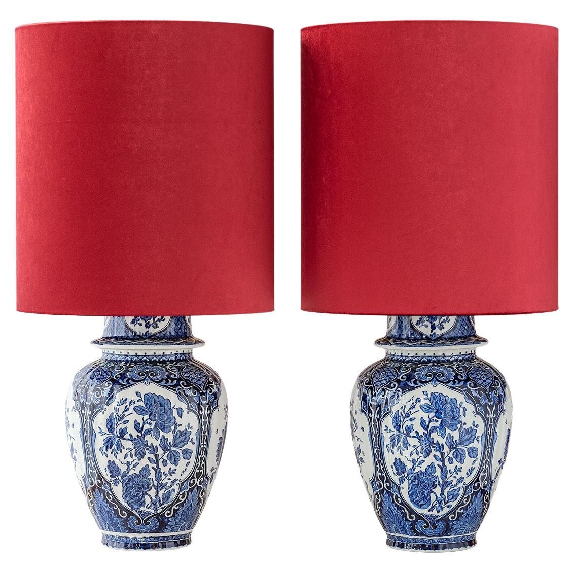 Boch Frères Delft Blue Table Lamps, 1969-1979, with New Red Velvet Shades, Pair For Sale