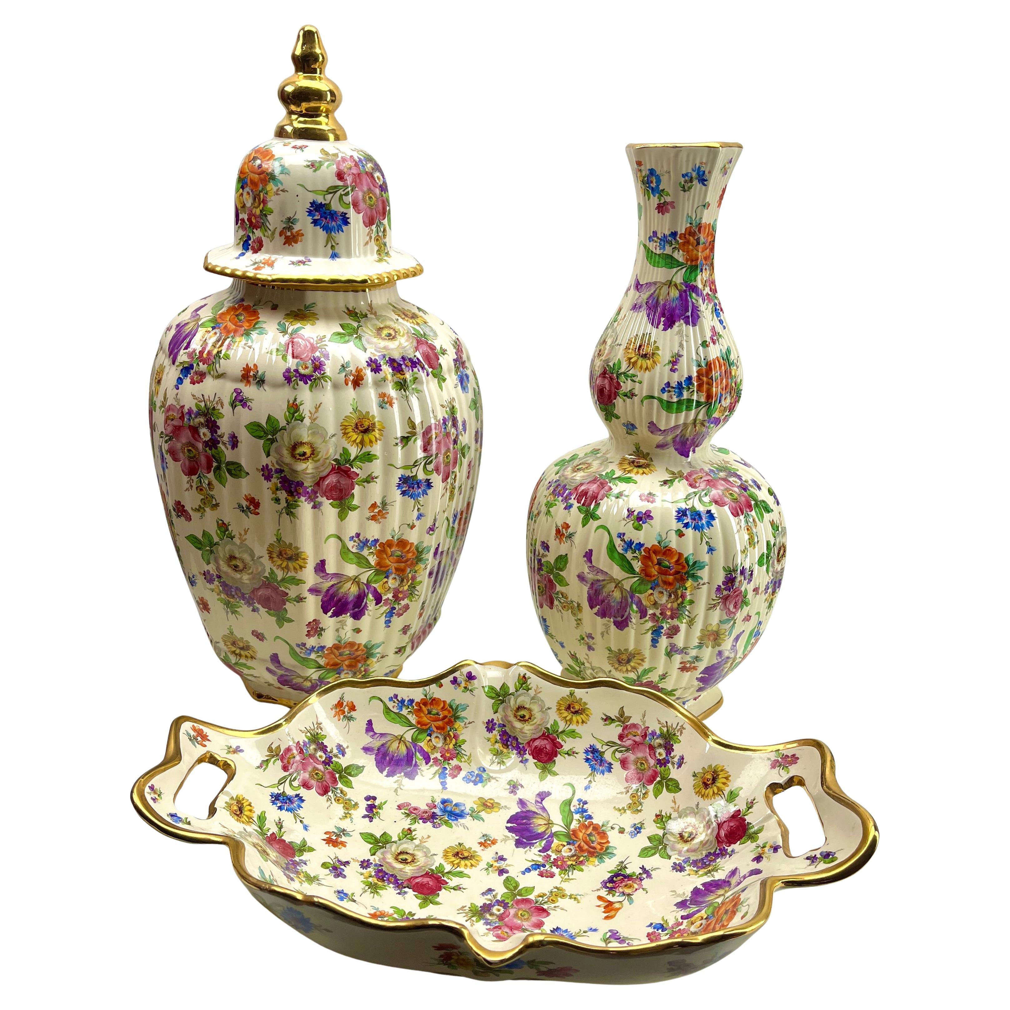 Boch Freres Keralux Stamp and Label set of 3 Large Ceramics Vase, Urn and Plate