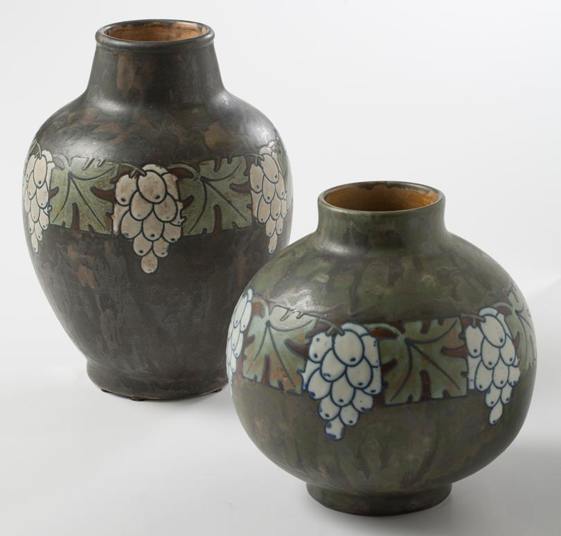 Glazed Boch Frères Keramis, Art Deco Vase with Grapes, Belgium, circa 1920