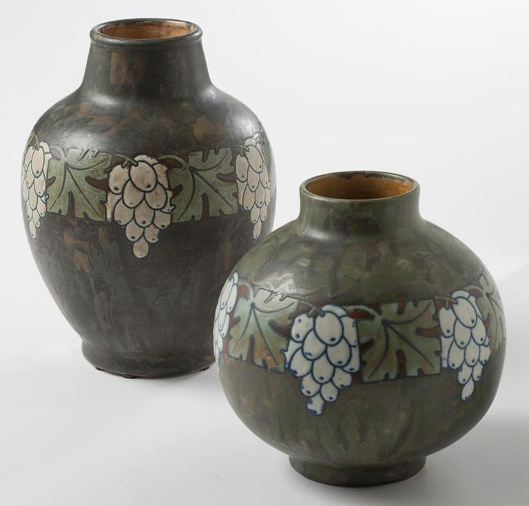 Glazed Boch Frères Keramis, Art Deco Vase with Grapes, Belgium, circa 1920 For Sale