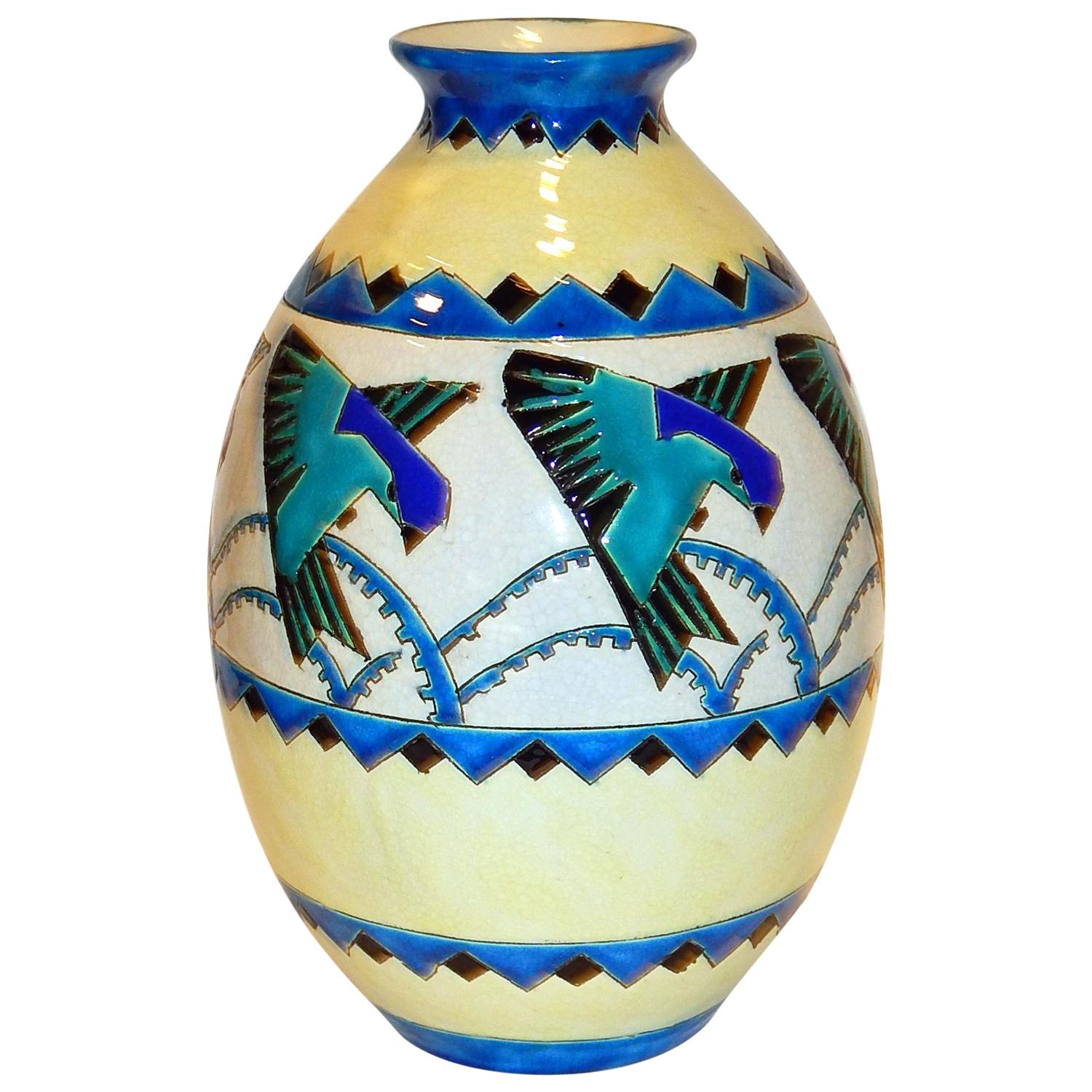 Boch Freres Keramis Belgian Deco Ceramic Vase circa 1920s-1930s, Bird Motif