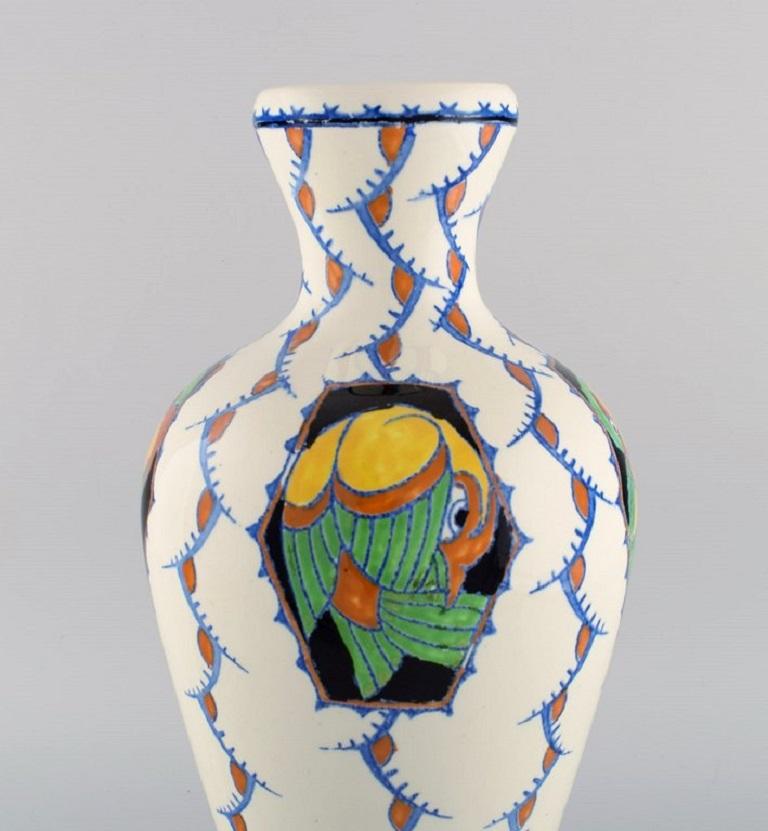 Belgian Boch Freres Keramis, Belgium. Large Art Deco Vase in Glazed Ceramics with Birds For Sale