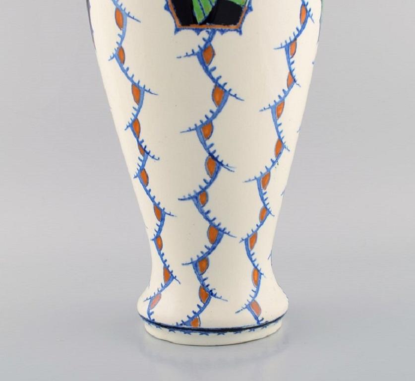 Hand-Painted Boch Freres Keramis, Belgium. Large Art Deco Vase in Glazed Ceramics with Birds For Sale