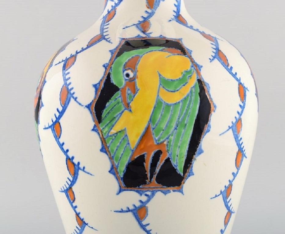 Early 20th Century Boch Freres Keramis, Belgium. Large Art Deco Vase in Glazed Ceramics with Birds For Sale