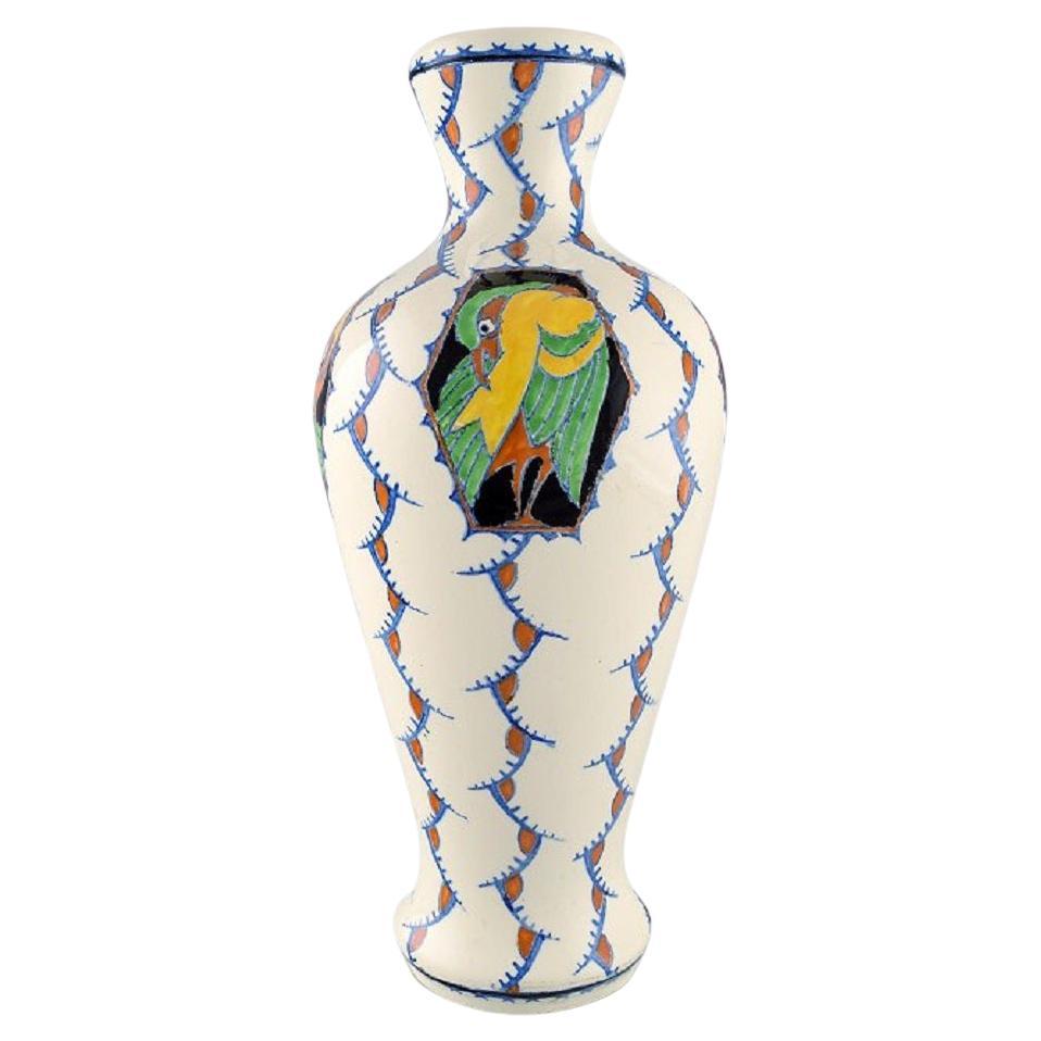 Boch Freres Keramis, Belgium. Large Art Deco Vase in Glazed Ceramics with Birds For Sale