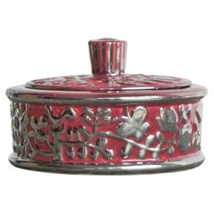 Boch Frères Keramis Pink Lidded Bowl with Silver Glazed Flowers and Butterflies