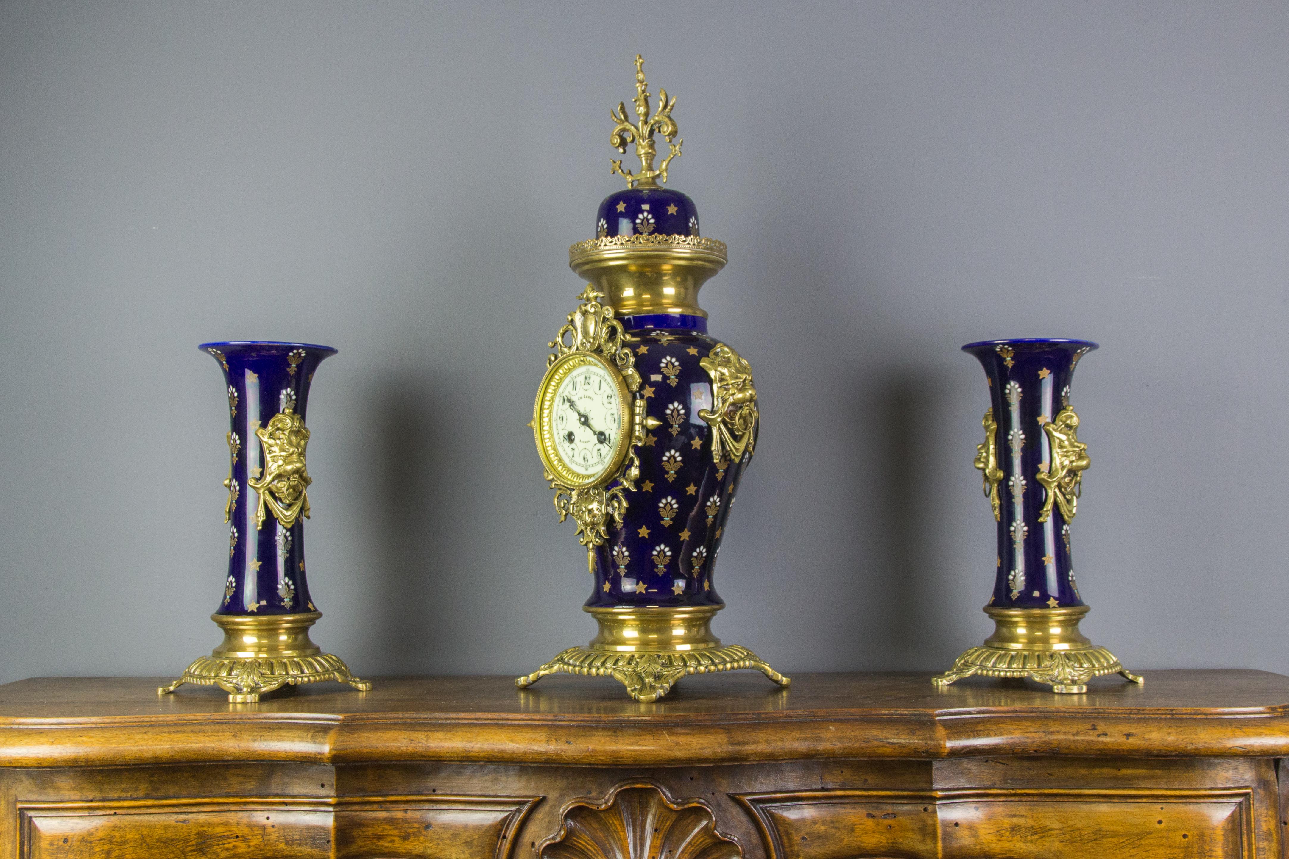Boch Frères Keramis Royal Blue Three-Piece Clock Garniture, Early 20th Century For Sale 3