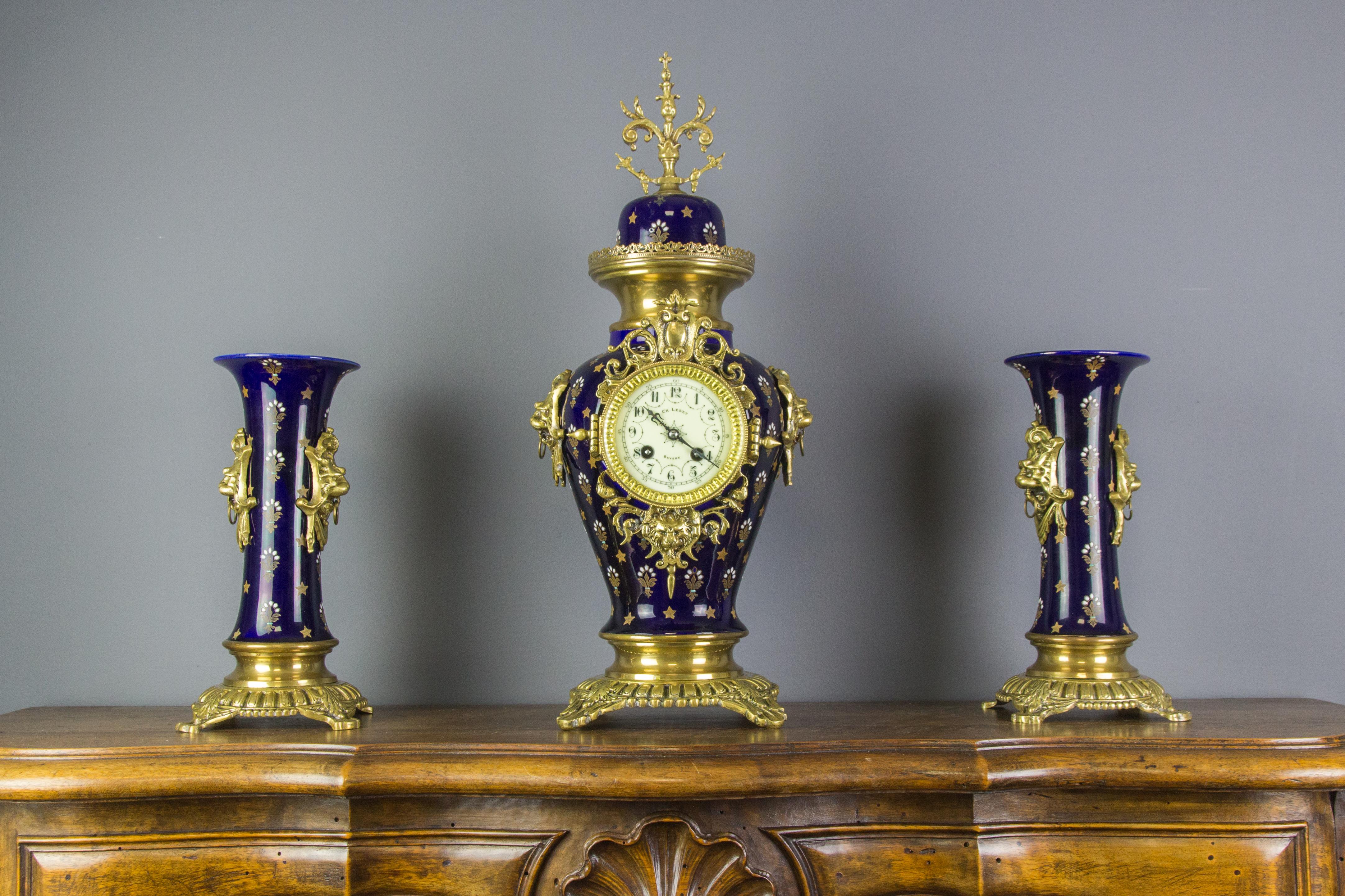 Boch Frères Keramis Royal Blue Three-Piece Clock Garniture, Early 20th Century For Sale 4