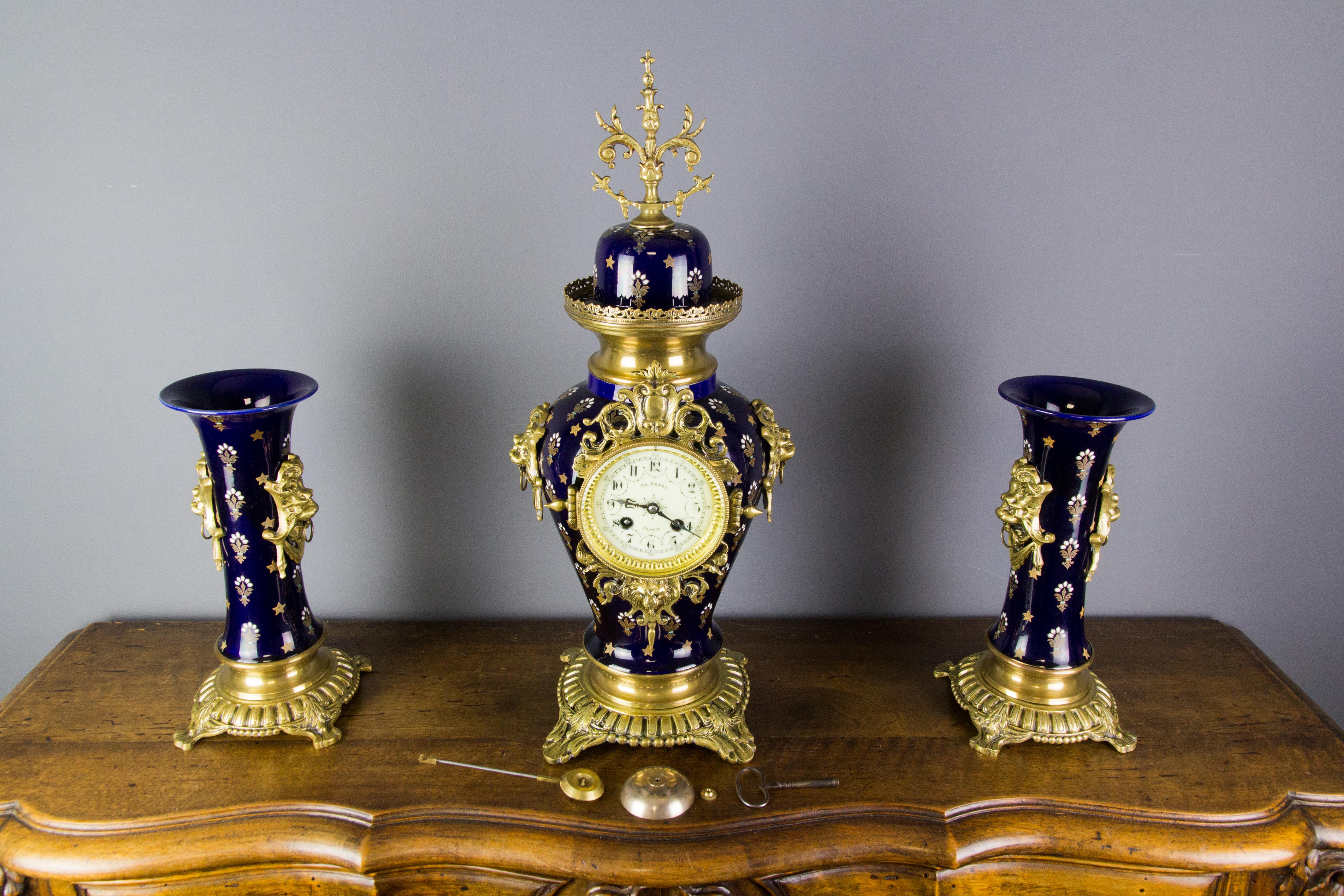 Boch Frères Keramis Royal Blue Three-Piece Clock Garniture, Early 20th Century For Sale 5