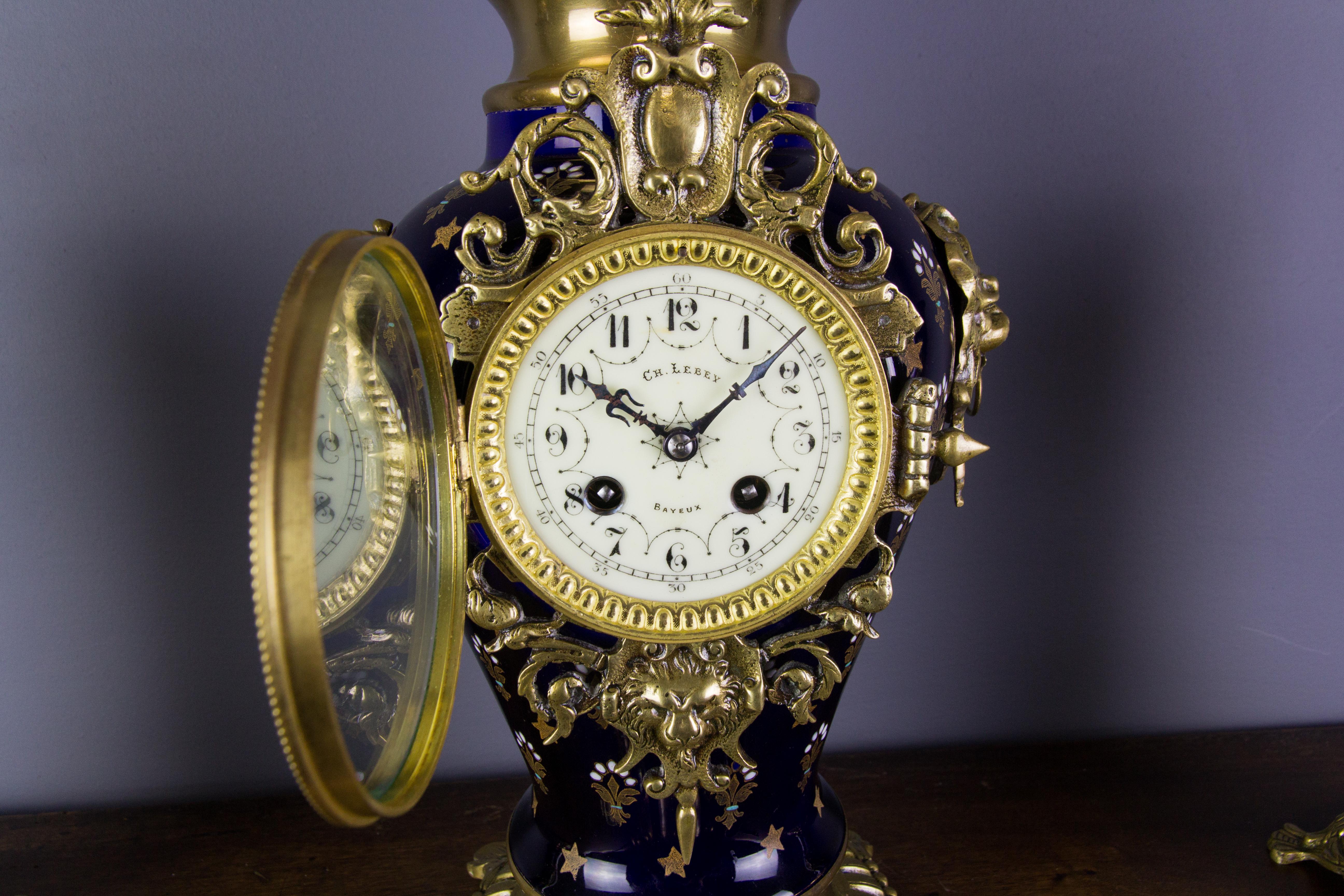 Boch Frères Keramis Royal Blue Three-Piece Clock Garniture, Early 20th Century For Sale 6