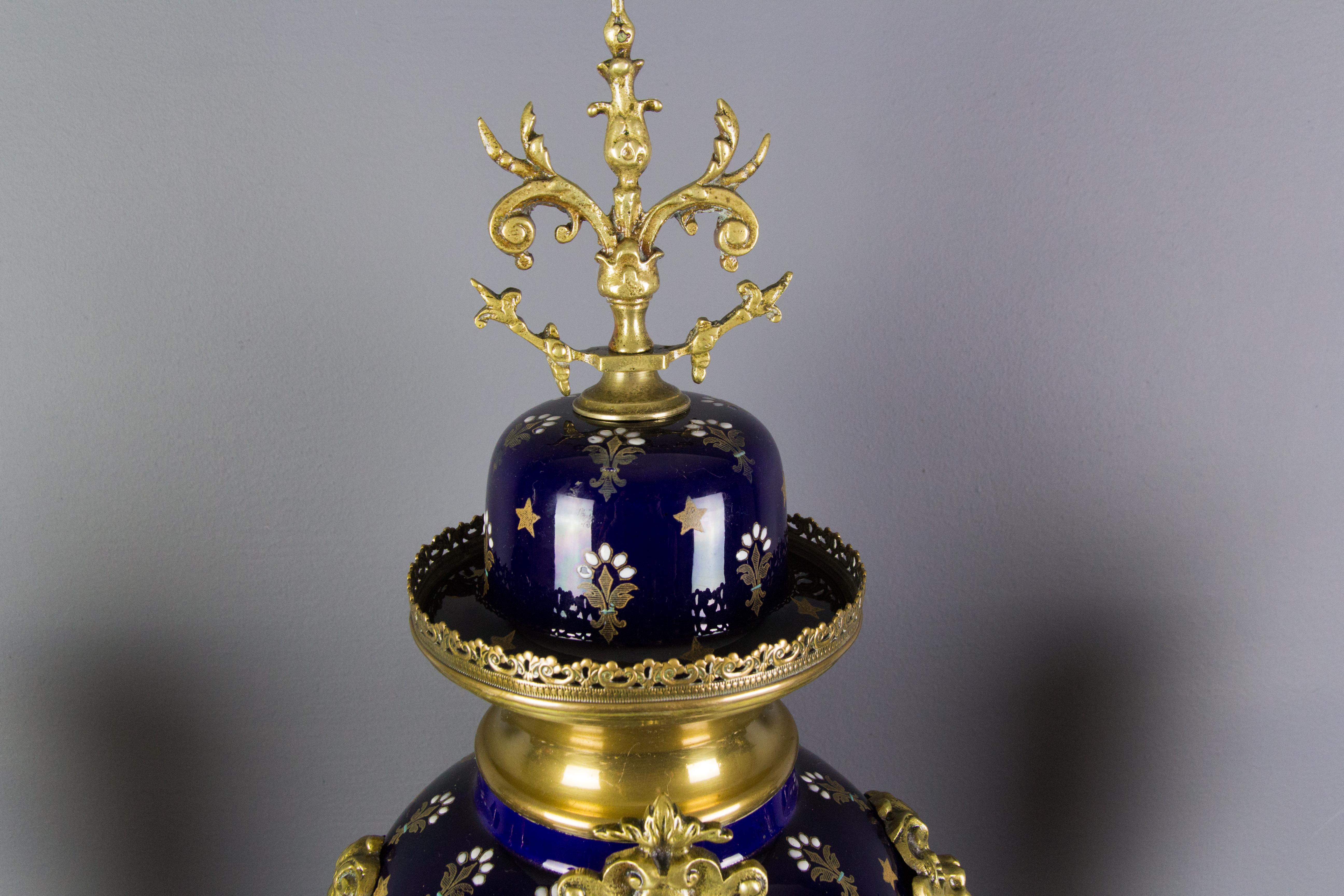 Boch Frères Keramis Royal Blue Three-Piece Clock Garniture, Early 20th Century For Sale 11