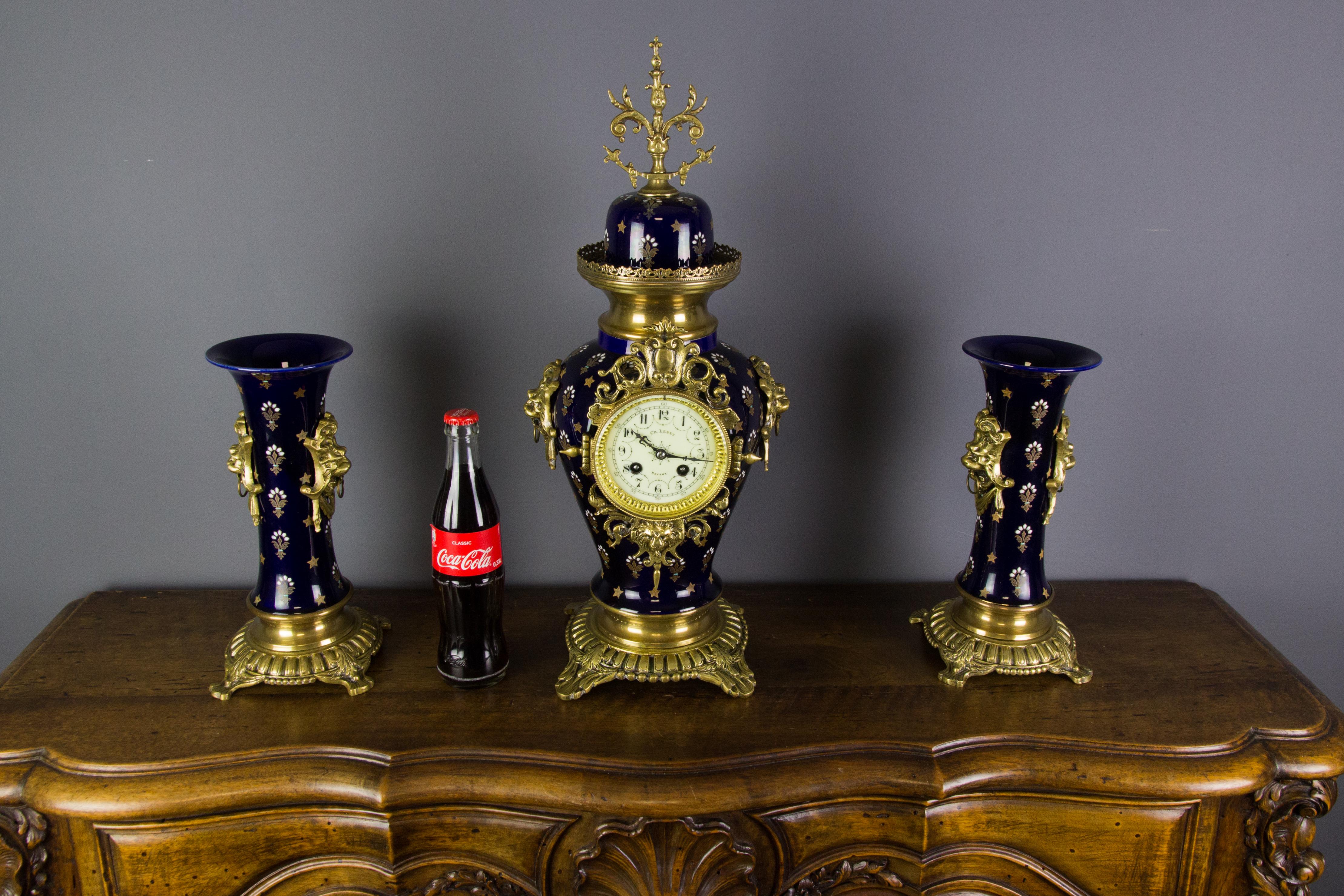 Boch Frères Keramis Royal Blue Three-Piece Clock Garniture, Early 20th Century For Sale 12