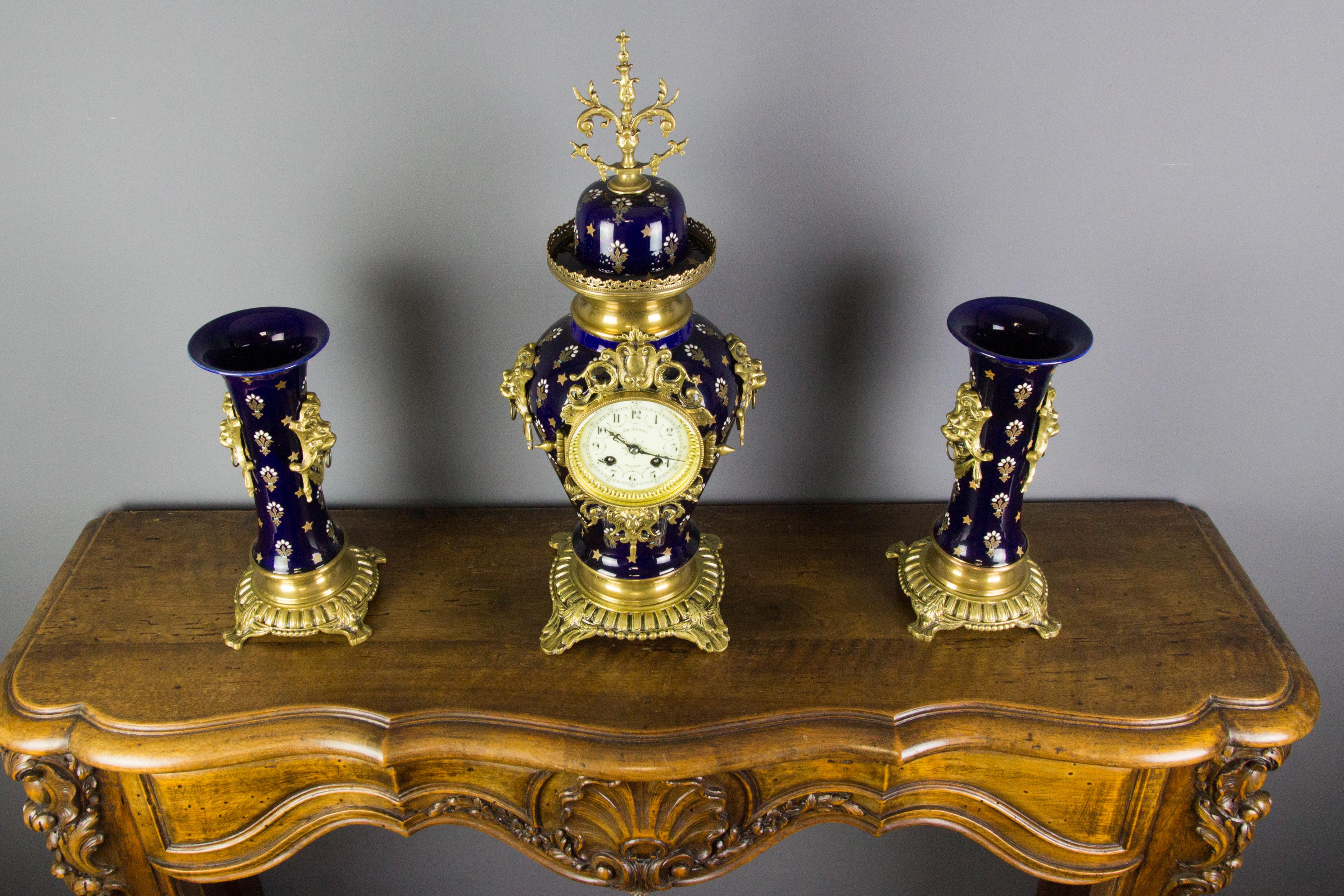 Boch Frères Keramis Royal Blue Three-Piece Clock Garniture, Early 20th Century For Sale 13