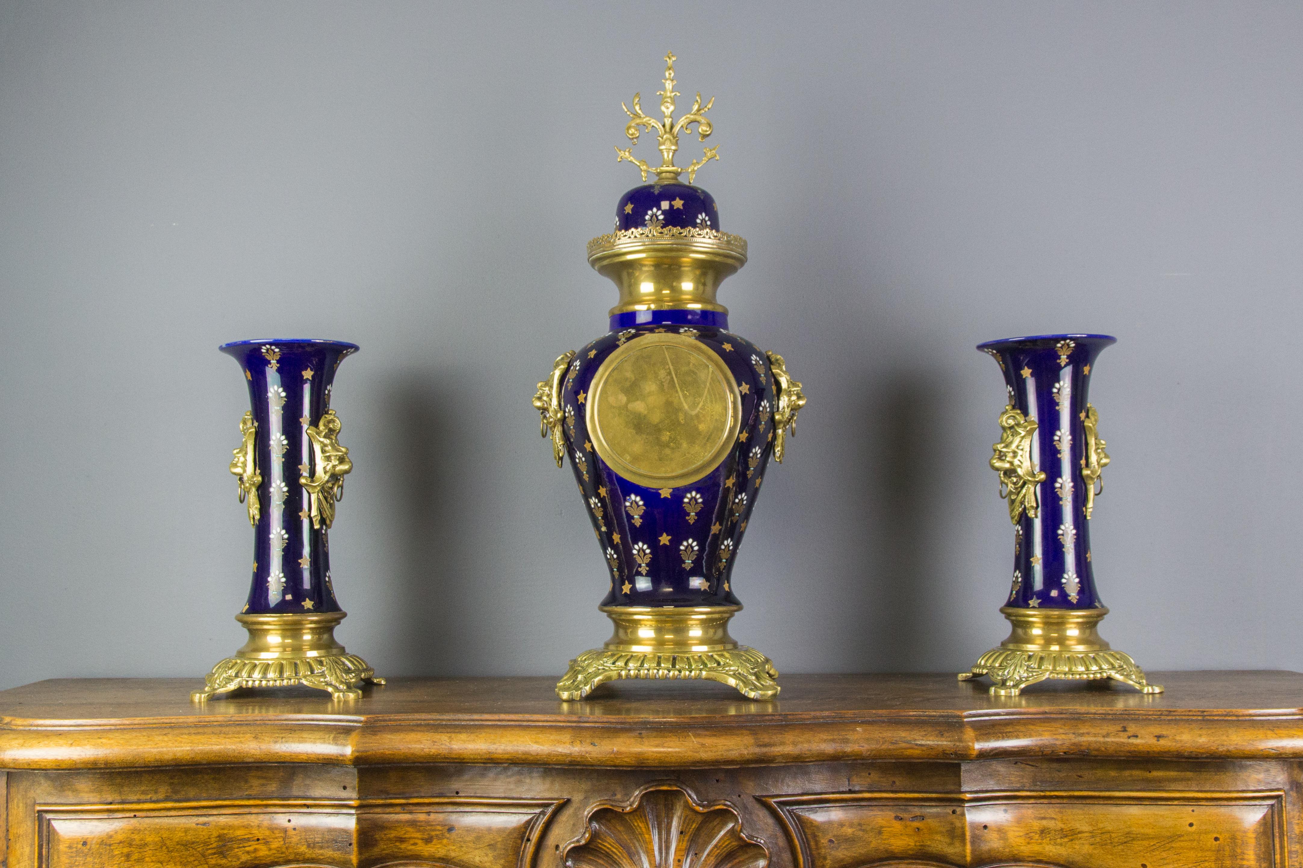 Brass Boch Frères Keramis Royal Blue Three-Piece Clock Garniture, Early 20th Century For Sale