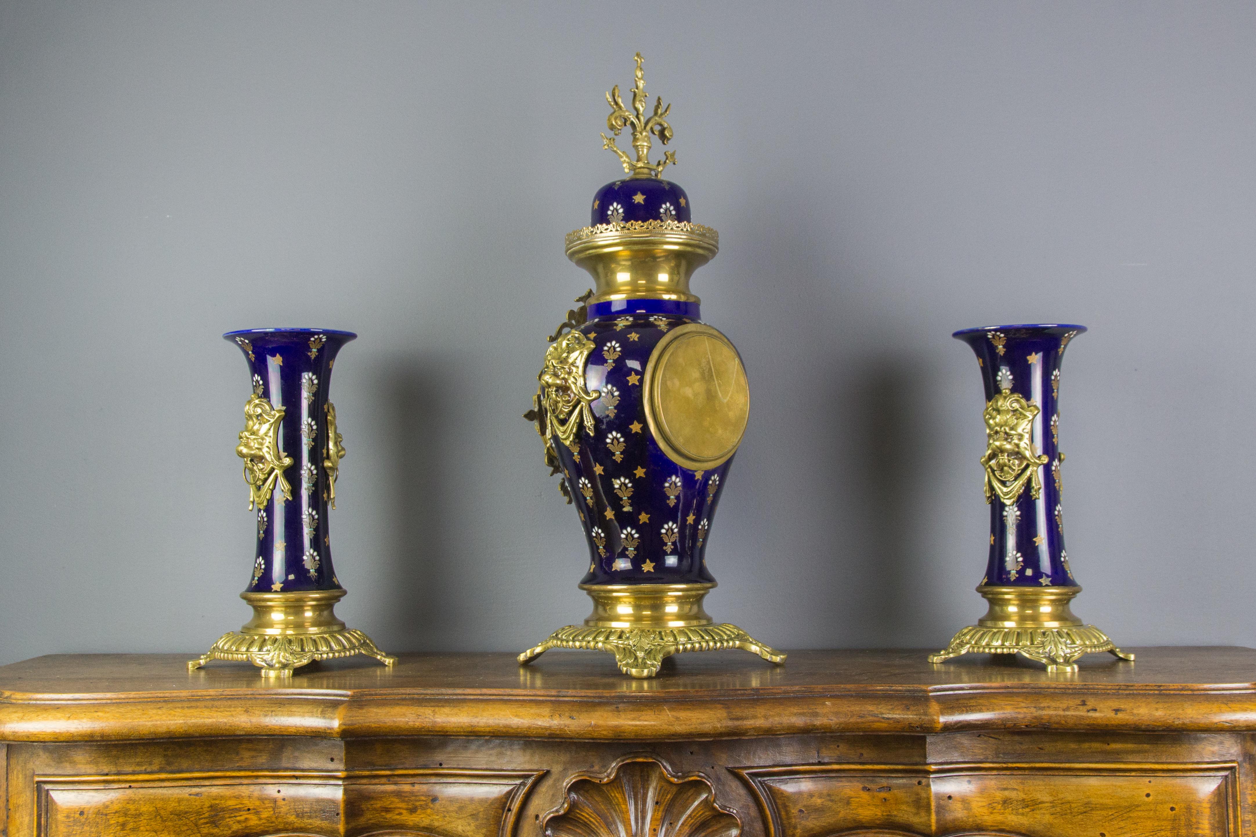 Boch Frères Keramis Royal Blue Three-Piece Clock Garniture, Early 20th Century For Sale 1