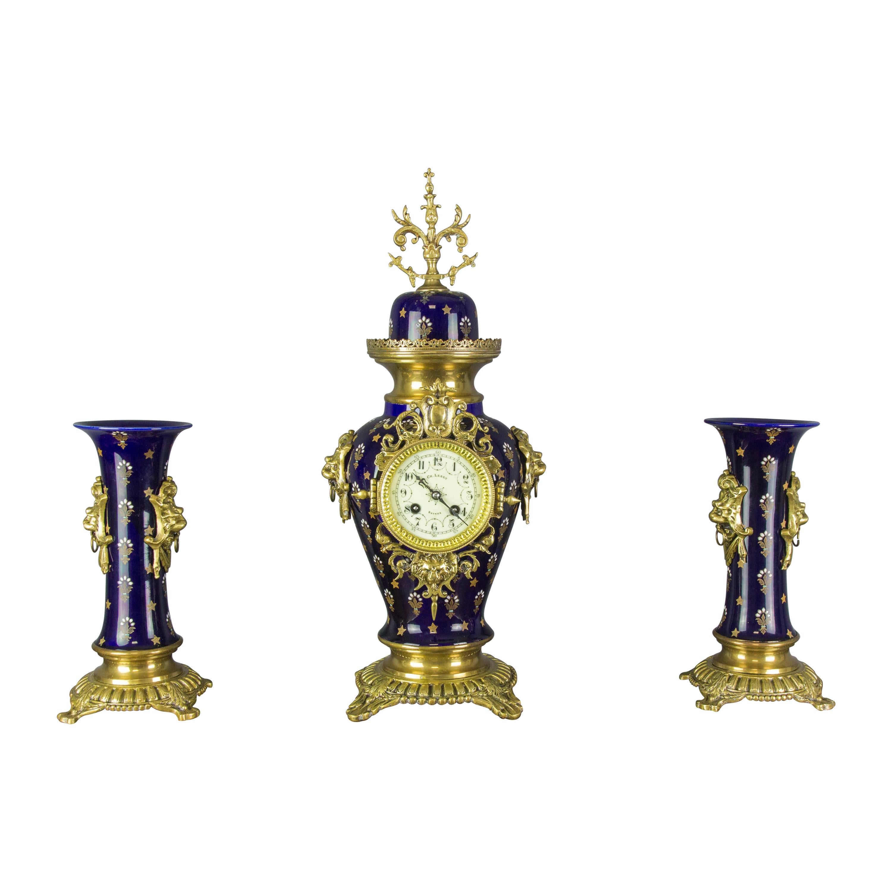 Boch Frères Keramis Royal Blue Three-Piece Clock Garniture, Early 20th Century For Sale