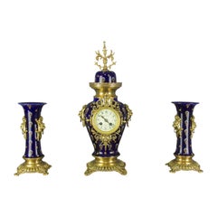 Antique Boch Frères Keramis Royal Blue Three-Piece Clock Garniture, Early 20th Century
