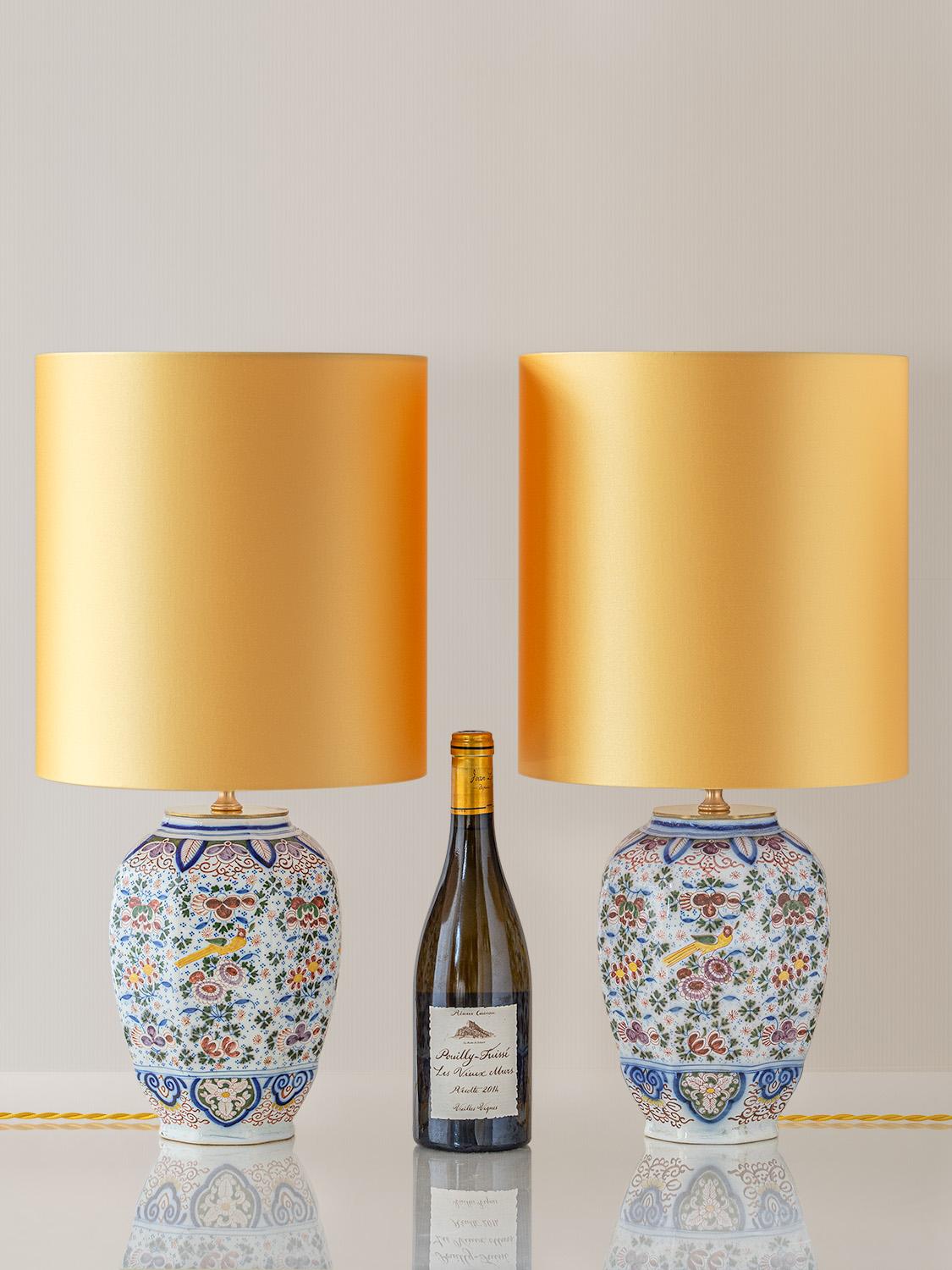Chinoiserie Boch Frères Keramis Table Lamps (1872-1900) with New Yellow Satin Shades, Pair