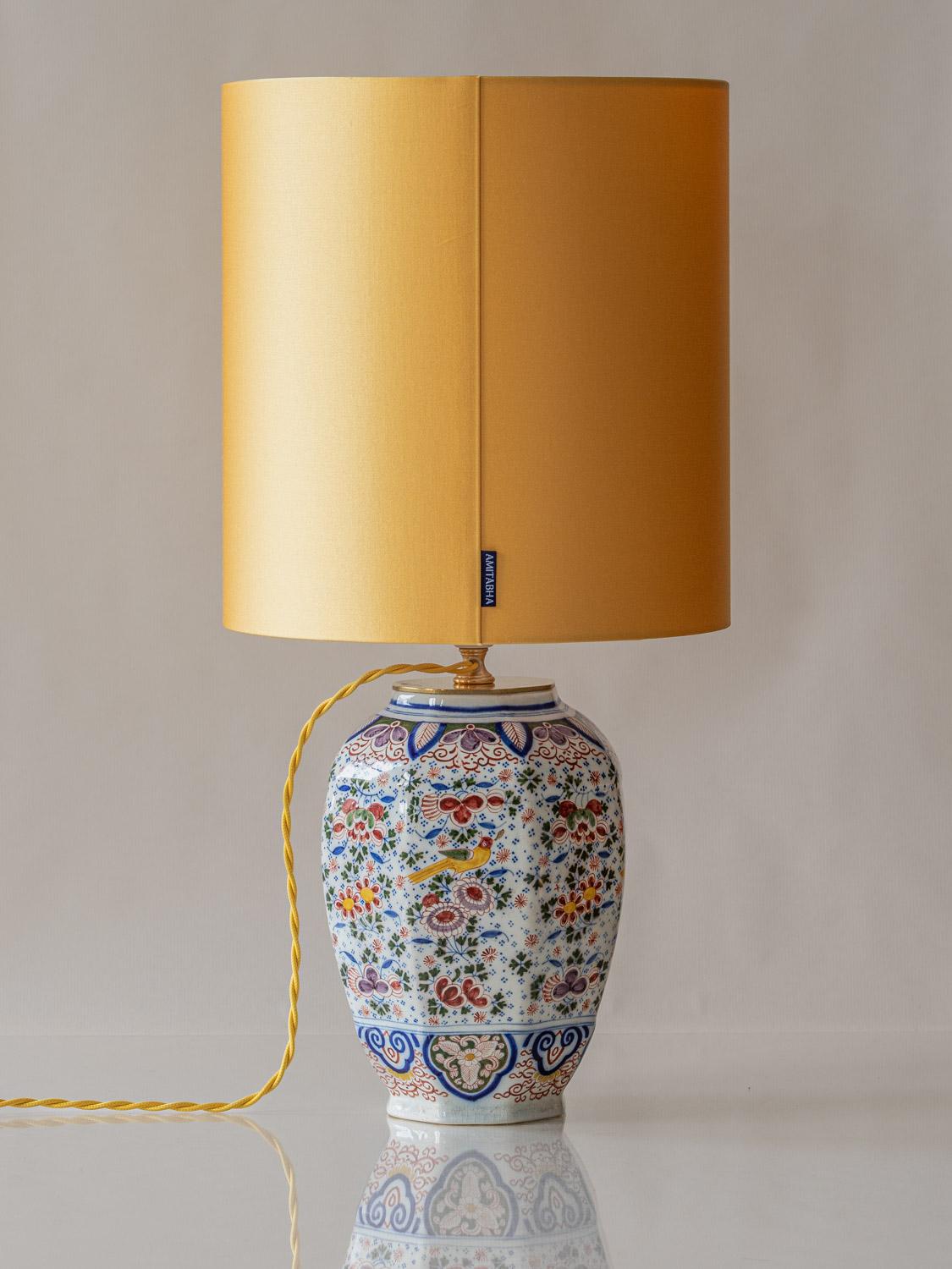 Dutch Boch Frères Keramis Table Lamps (1872-1900) with New Yellow Satin Shades, Pair