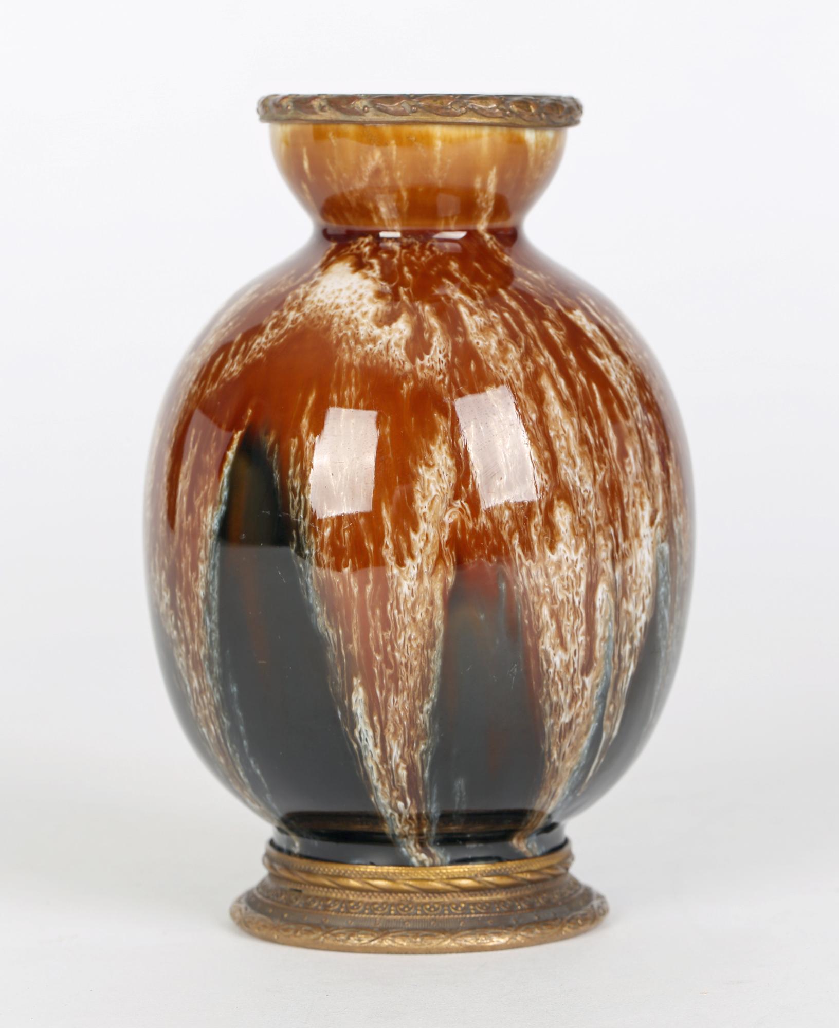 Boch Freres La Louviere Belgian Art Deco Bronze Mounted Streak Glazed Vase For Sale 5