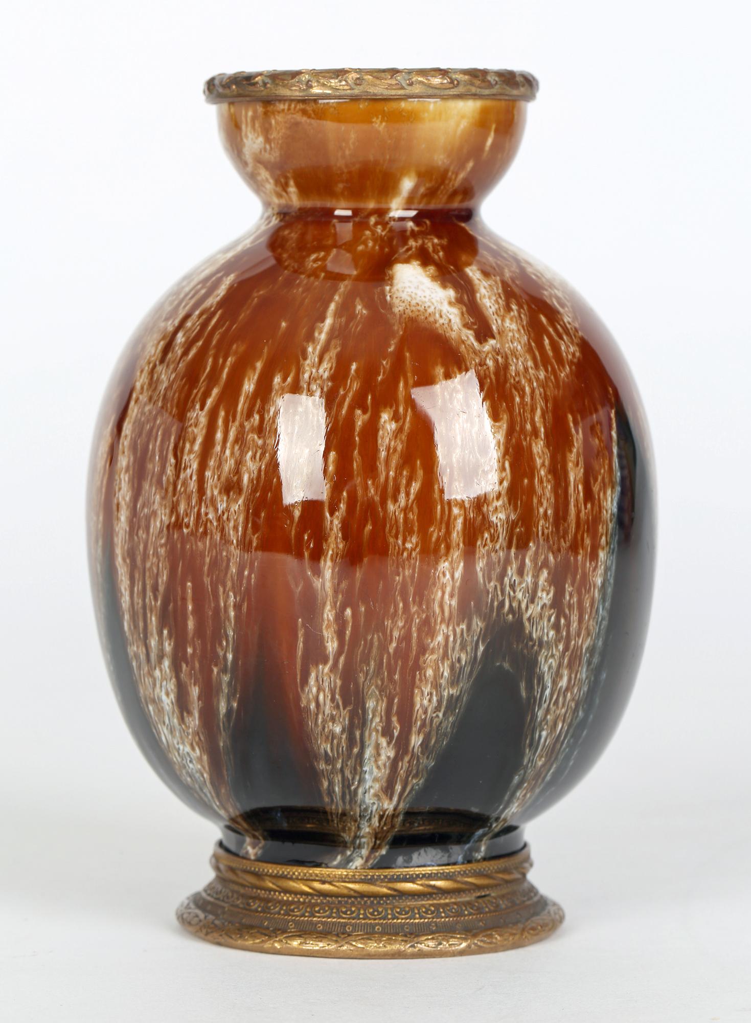 Boch Freres La Louviere Belgian Art Deco Bronze Mounted Streak Glazed Vase 7