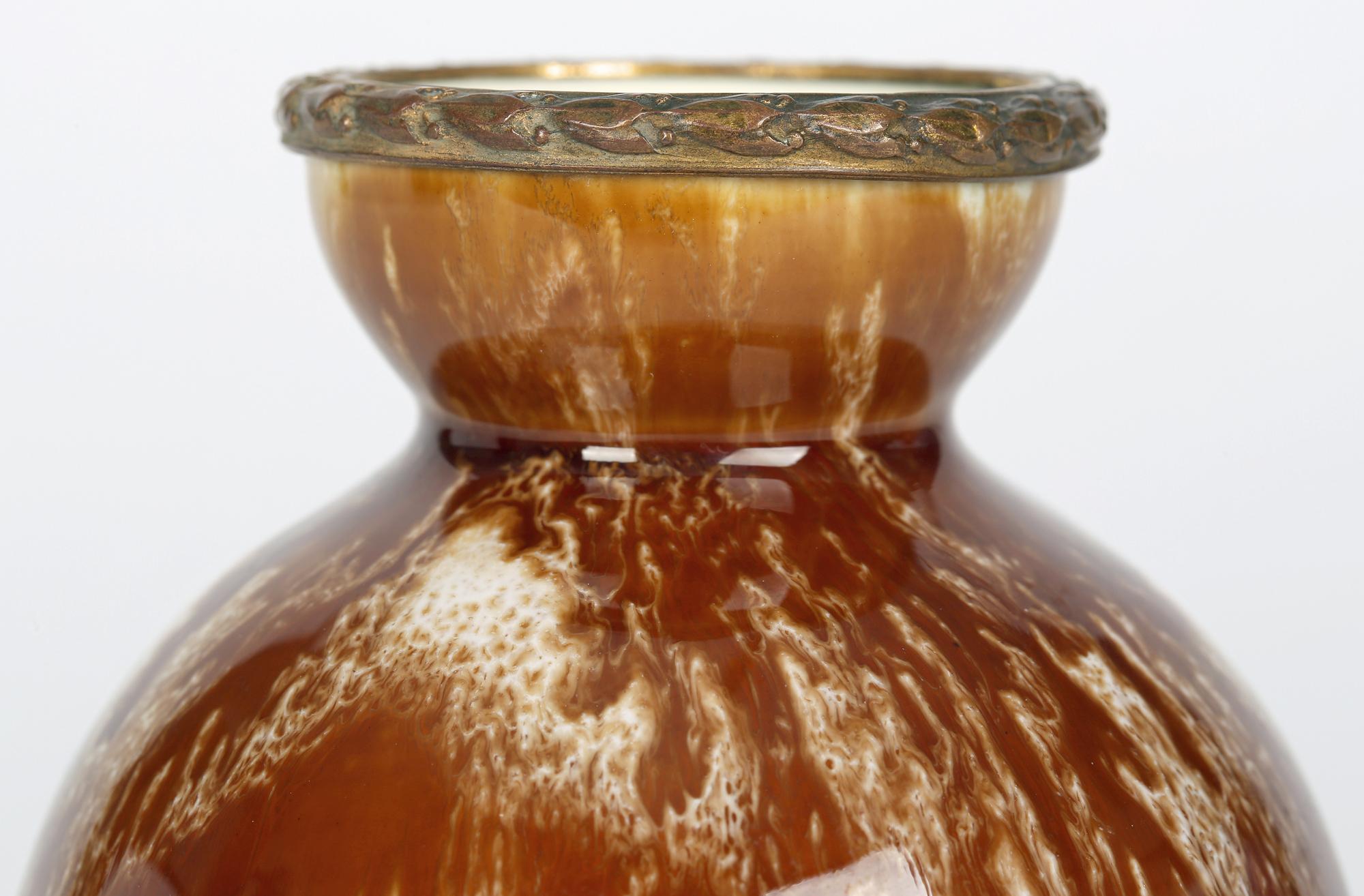 Hand-Crafted Boch Freres La Louviere Belgian Art Deco Bronze Mounted Streak Glazed Vase