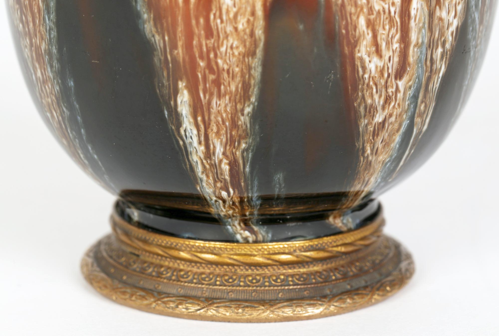 Boch Freres La Louviere Belgian Art Deco Bronze Mounted Streak Glazed Vase In Good Condition For Sale In Bishop's Stortford, Hertfordshire