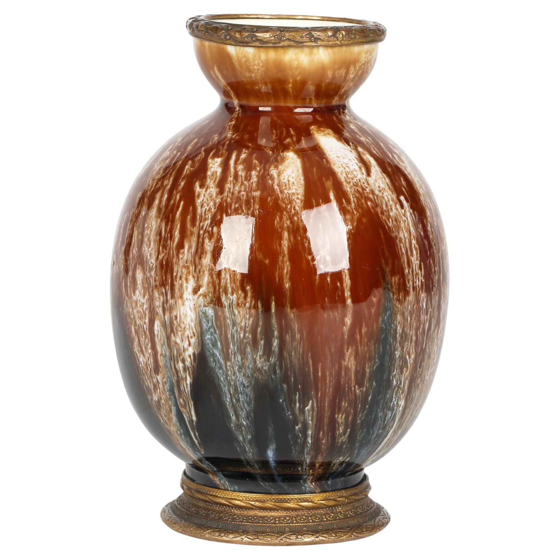 Boch Freres La Louviere Belgian Art Deco Bronze Mounted Streak Glazed Vase For Sale