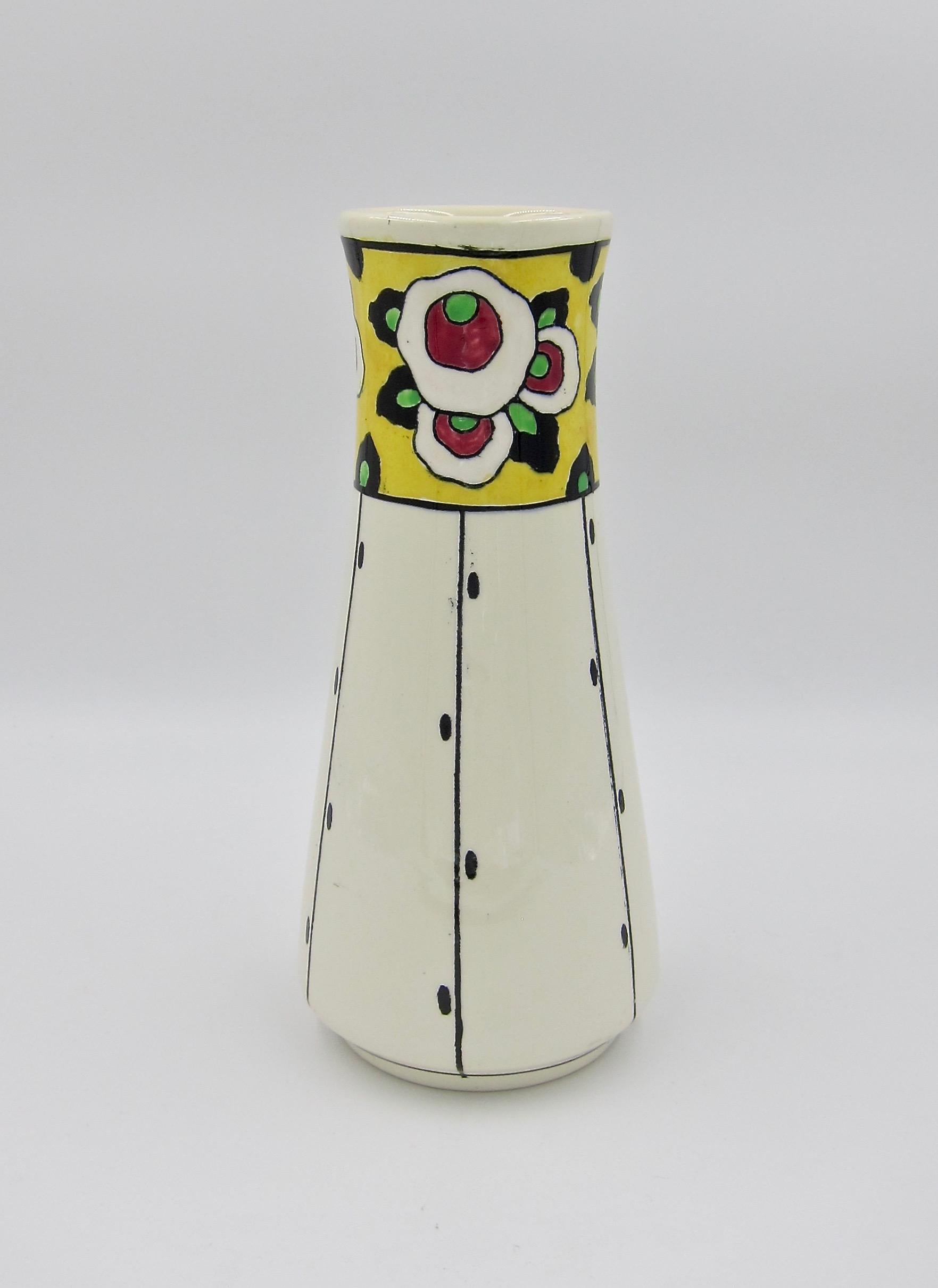 A colorful Art Deco vase produced by Boch Freres, Charles Catteau's l'Atelier de Fantaisie art pottery workshop, at La Louvière, Belgium, circa 1923. 

Boch Freres produced a notable range of bold and colorful ceramics during the Art Deco period,