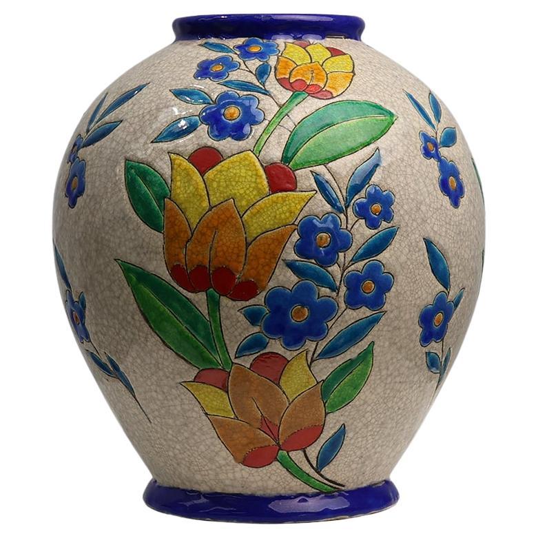 Boch Keramis vase by Catteau with polychrome floral design, Belgium 1930s