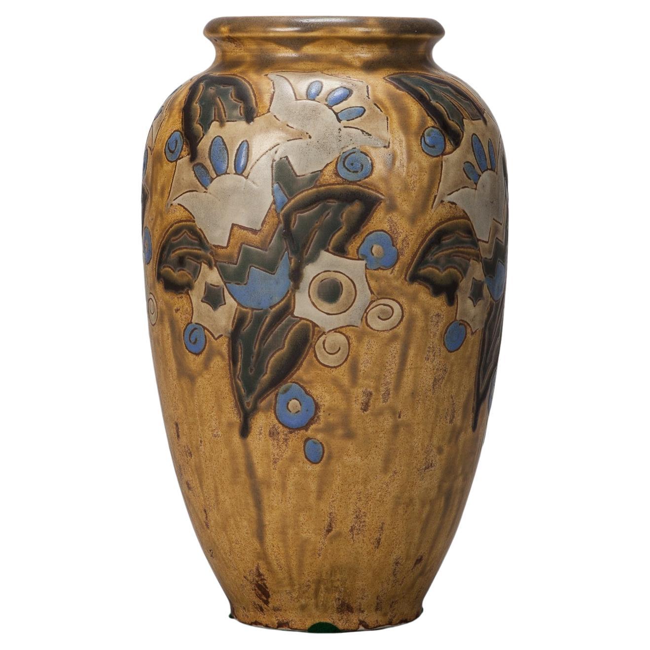 Vase Art Déco Boche bleu et moutarde conçu par Charles Catteau 