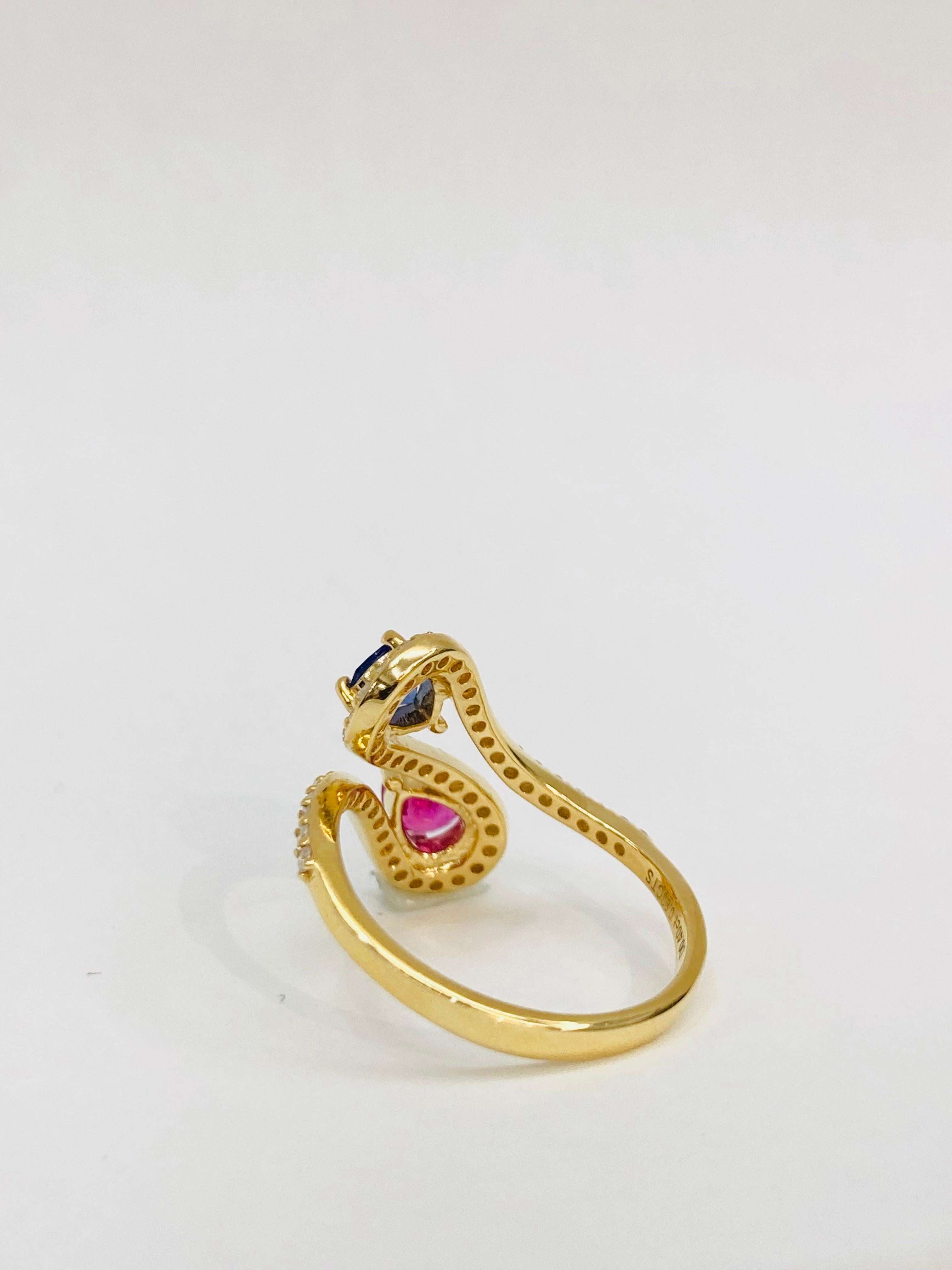 Pear Cut Bochic 2 Color “Retro Vintage” Ruby & Sapphire 18K Gold & Diamond Cluster Ring. For Sale