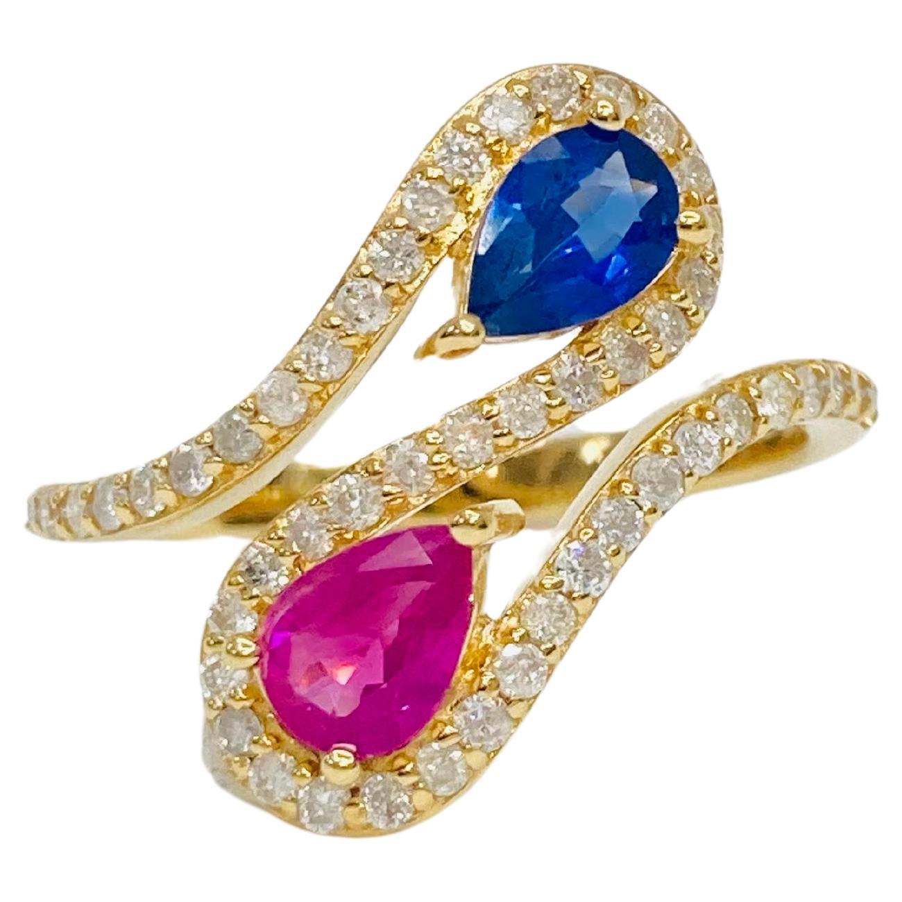Bochic 2 Color “Retro Vintage” Ruby & Sapphire 18K Gold & Diamond Cluster Ring.