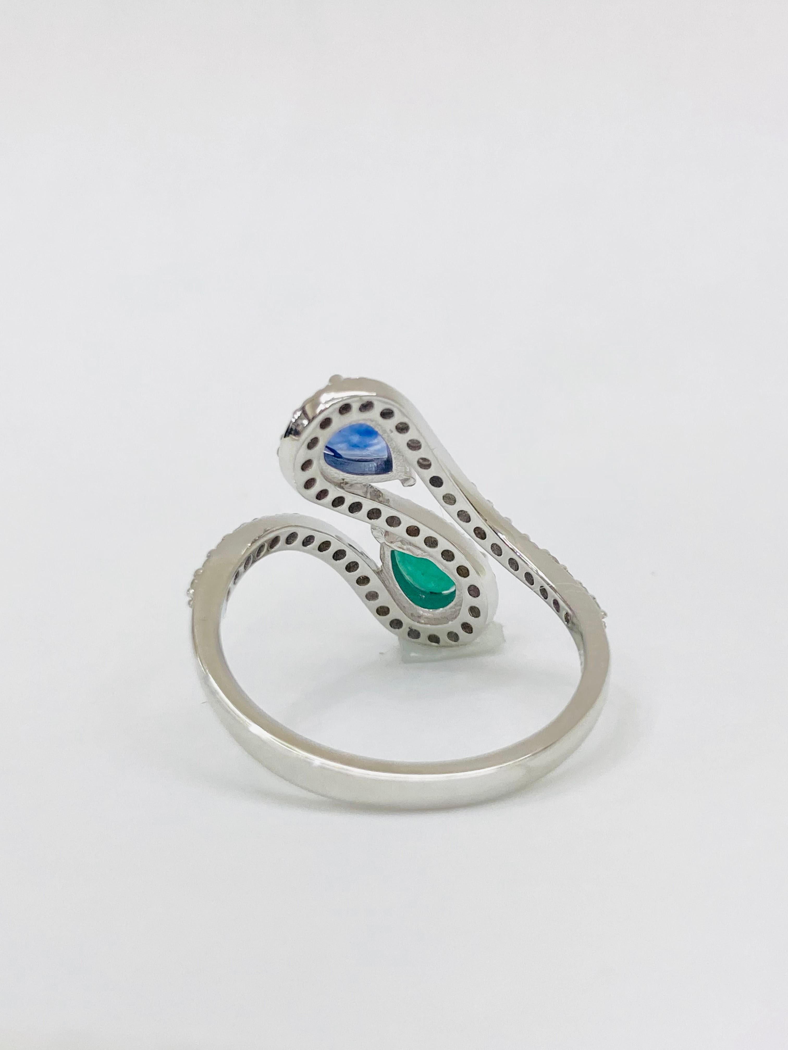 Retro Bochic 2 Color Vintage Emerald & Sapphire 18K Gold & Diamond Cluster Ring. For Sale